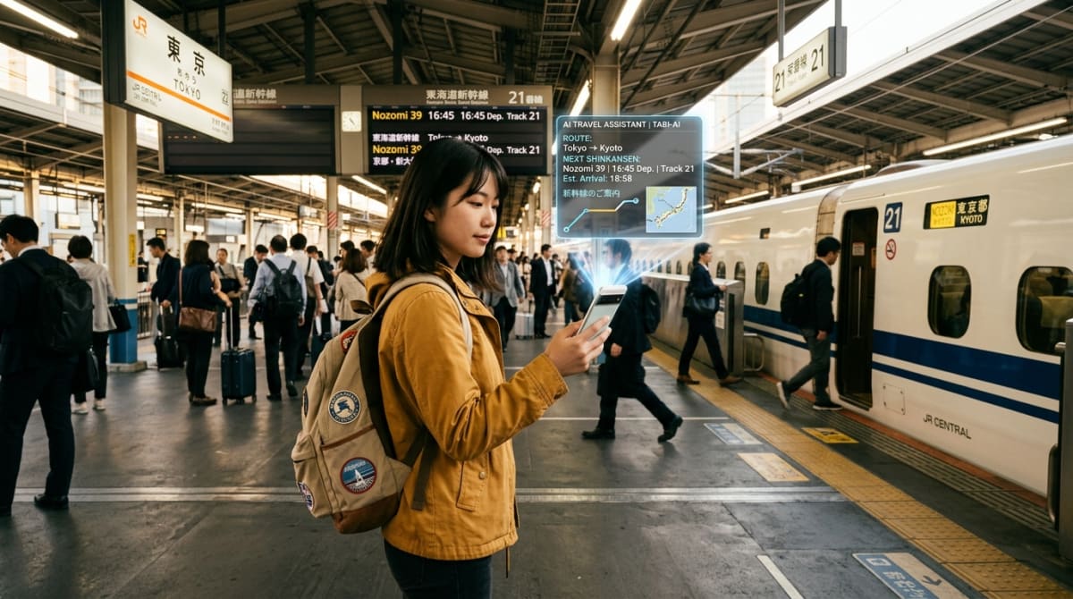 A traveler using an AI-powered guide on their smartphone