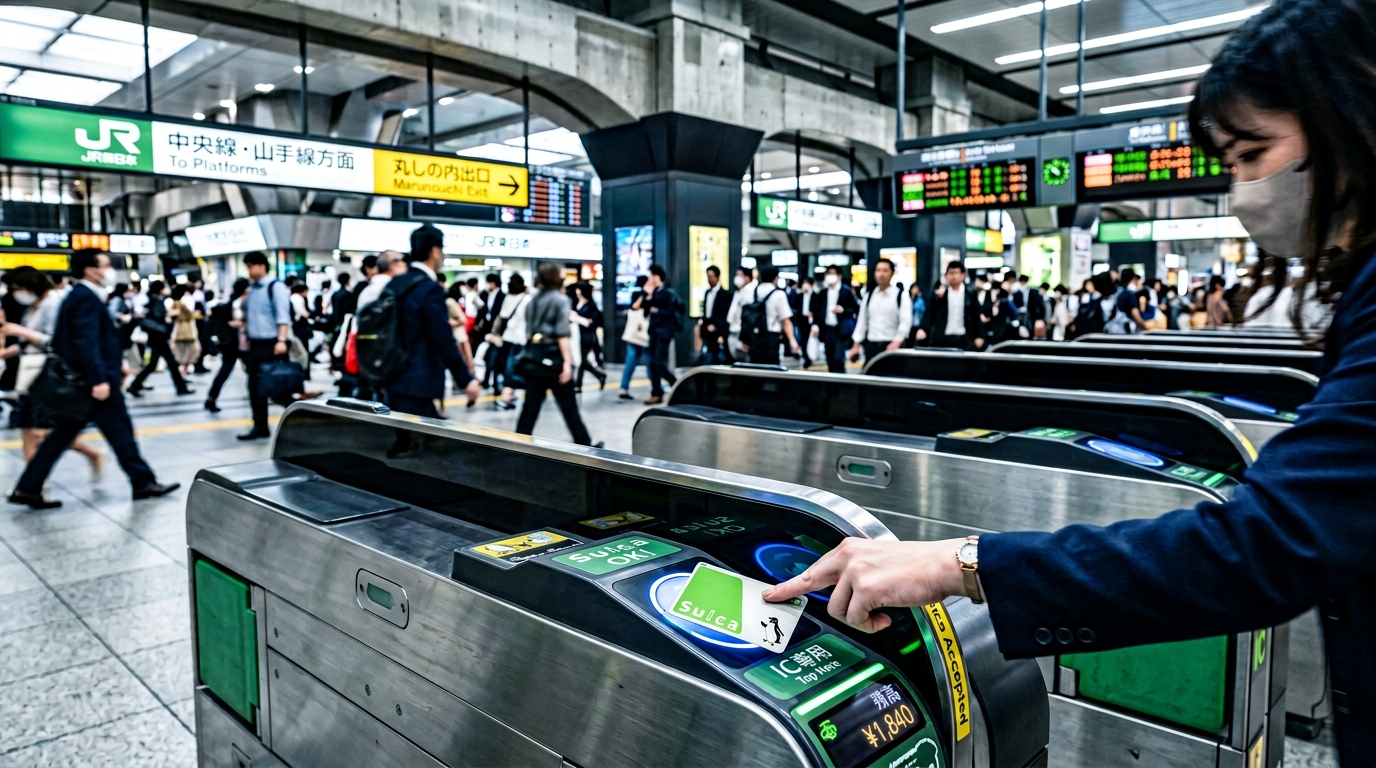 Tapping an IC card to pass through train station gates