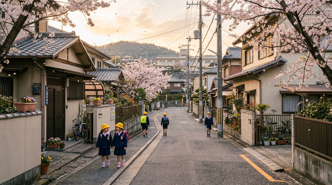 黄色い帽子をかぶって登校する日本の小学生