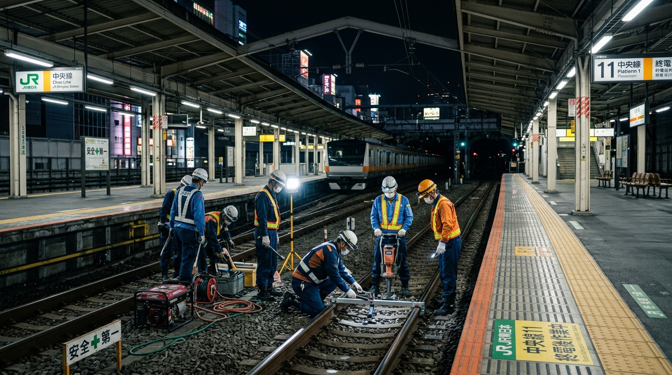 東京プラットフォームで夜間メンテナンスする作業員