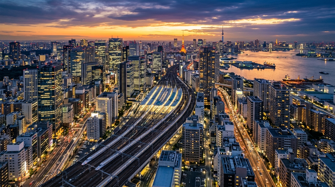 夕暮れの東京・品川駅周辺の超高層ビル群を上空から