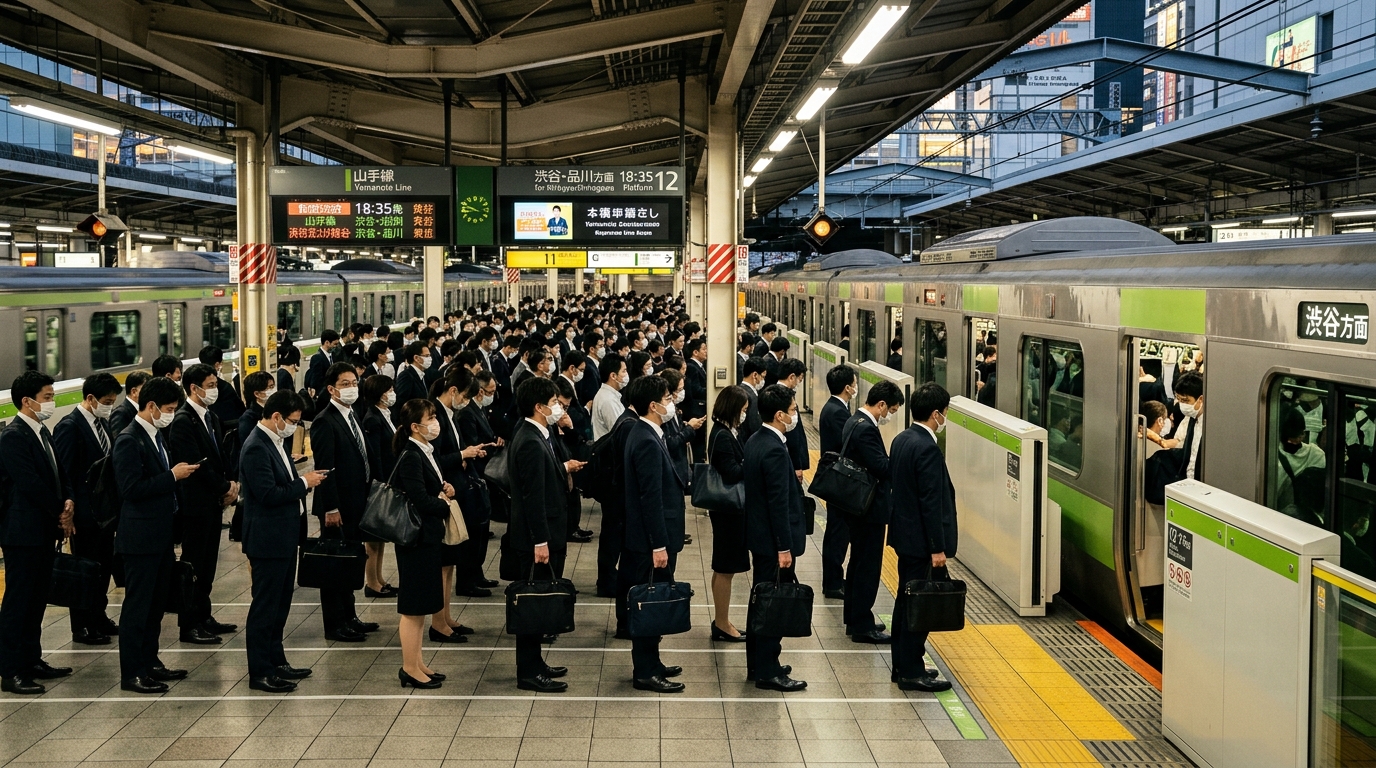 日本の駅構内の整然とした人の流れ