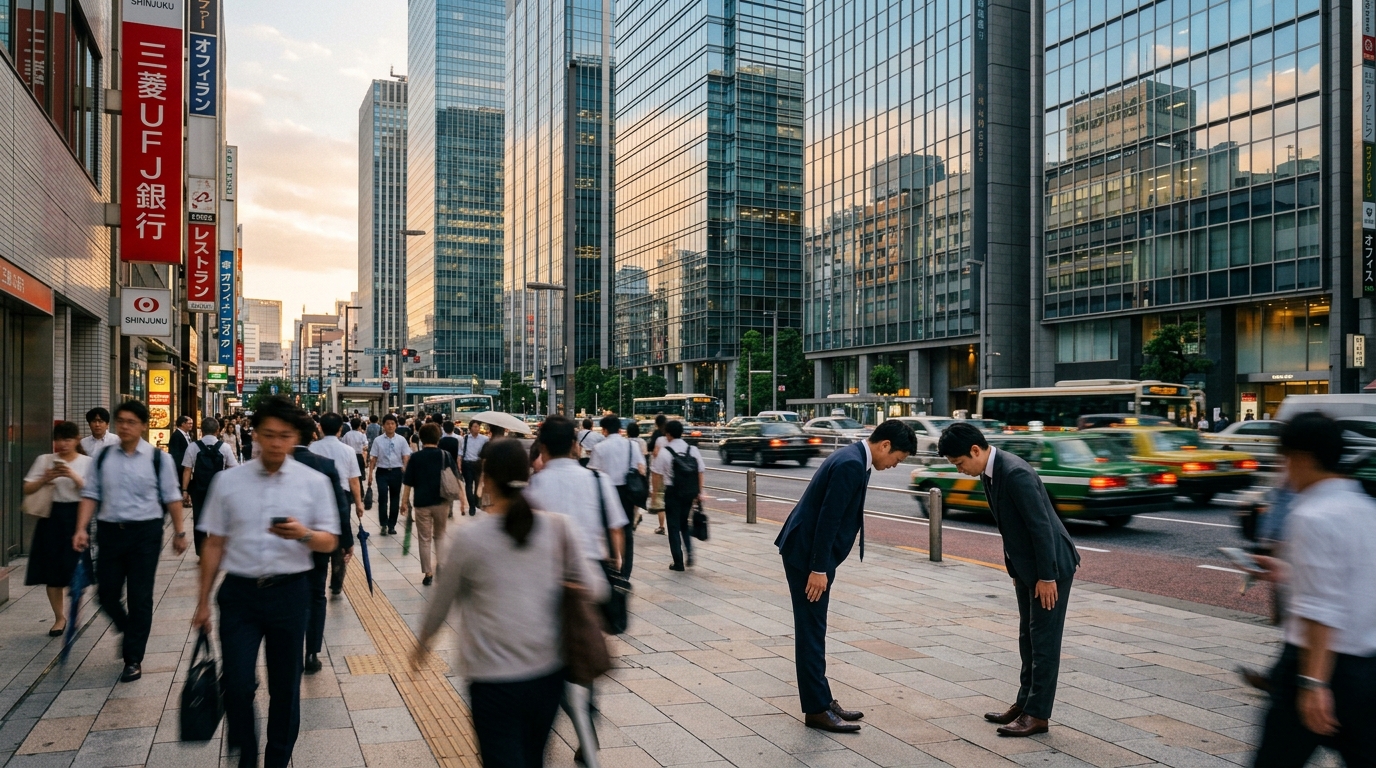 東京の路上でお互いに頭を下げる二人の日本人ビジネスマン
