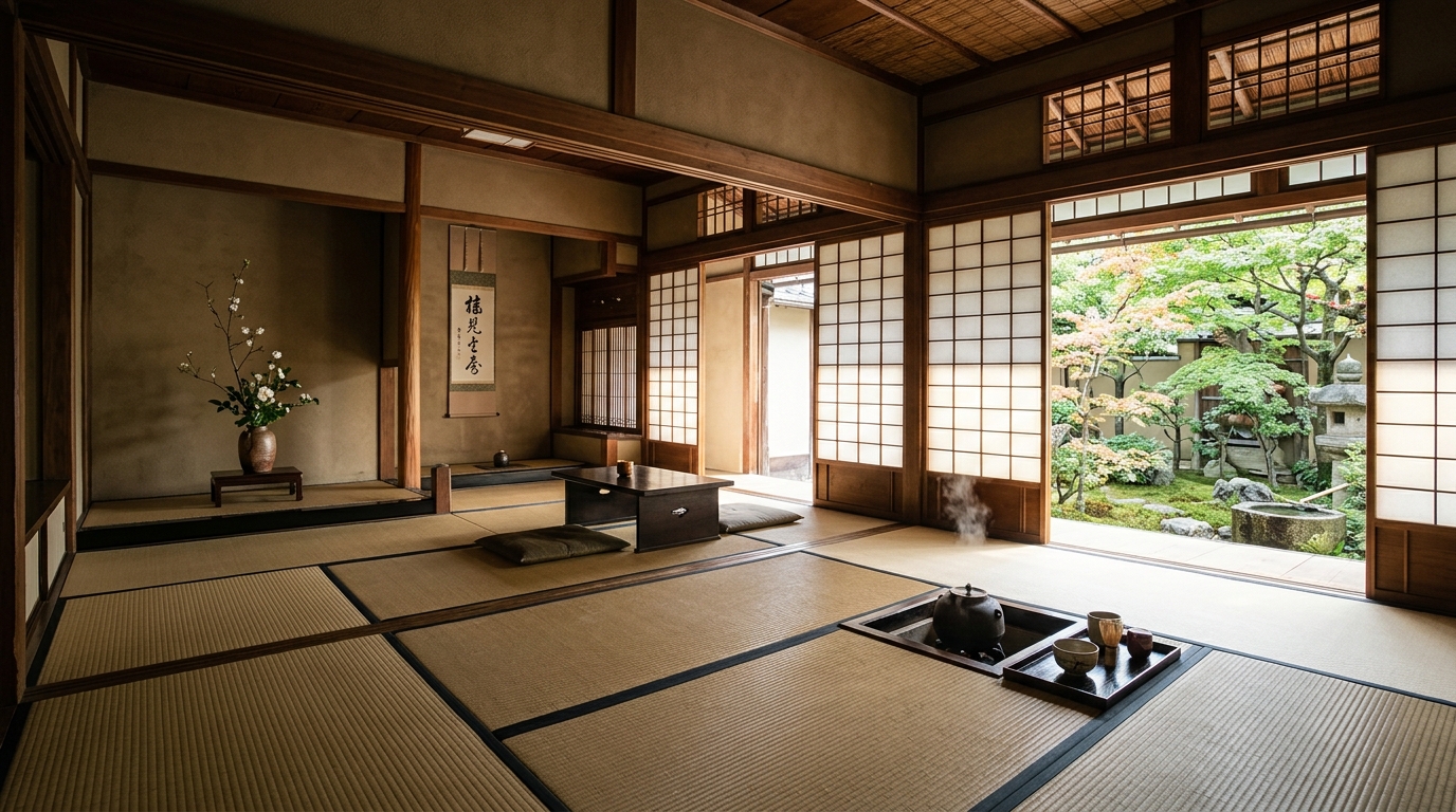 障子のある日本の伝統的な茶室