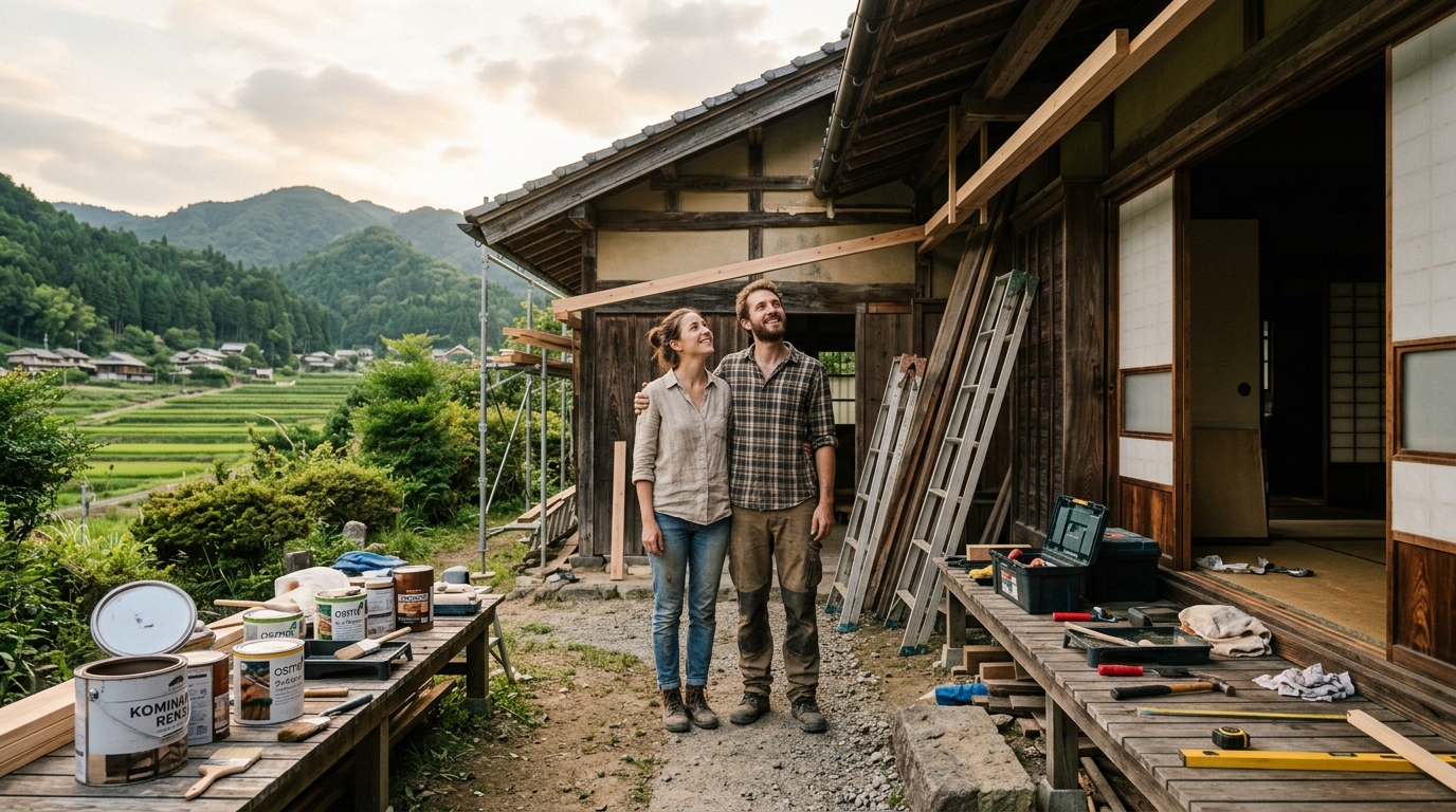 改装ツールを持って古民家の前に立つ若い外国人カップル