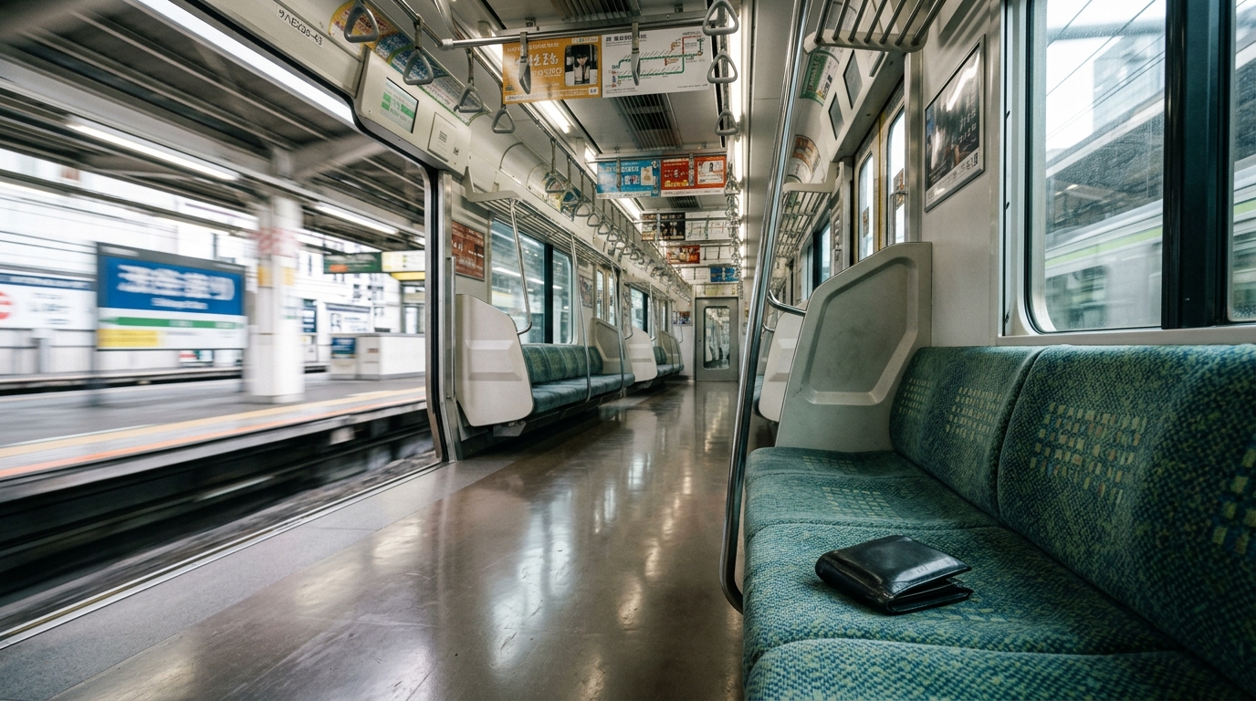 空の電車の座席に残された黒い財布