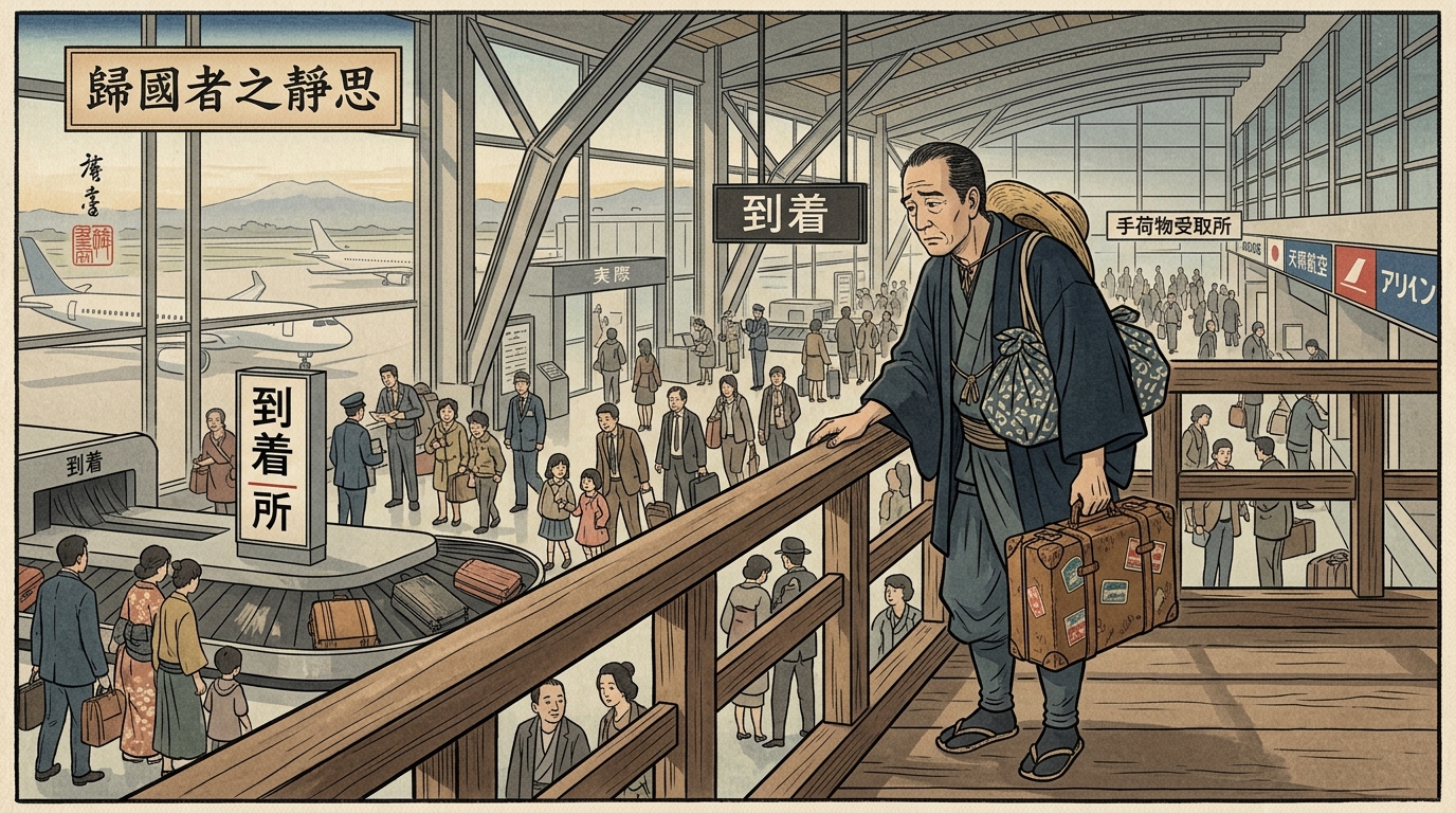A packed yet silent Tokyo commuter train, woodblock-print style, passengers standing in quiet rows, soft morning light through windows