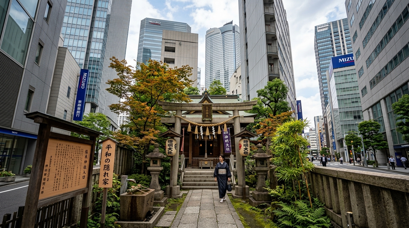 現代の東京の超高層ビルの後ろに隠された秘密の小さな寺院