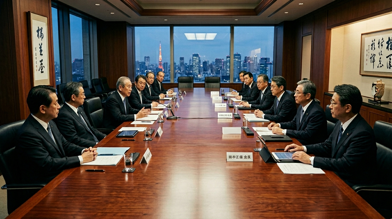 長いマホガニー会議テーブルの日本人役員