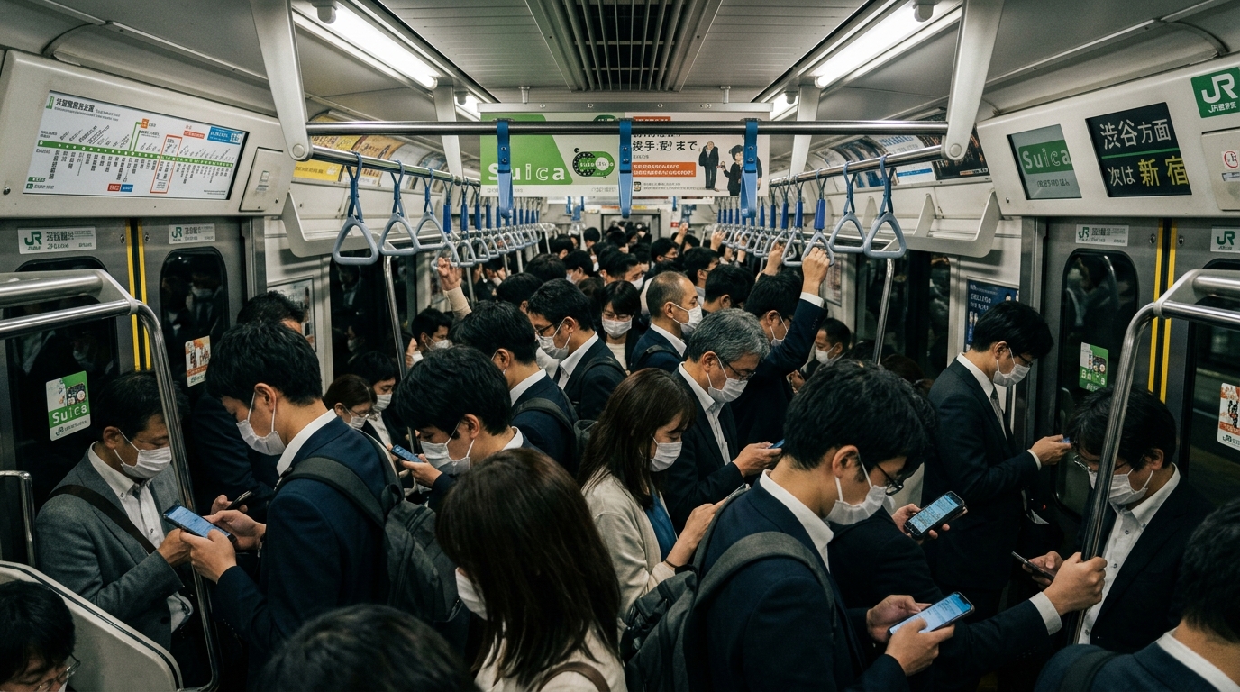 満員でも静かな東京の地下鉄車両の全景