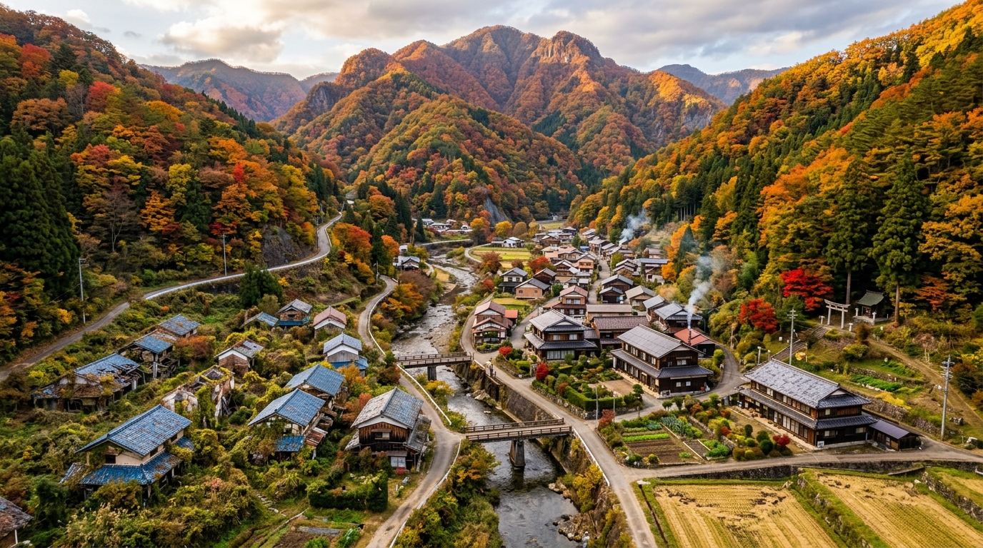 秋の日本の山村を空撮、住人のいる家と空き家が混在