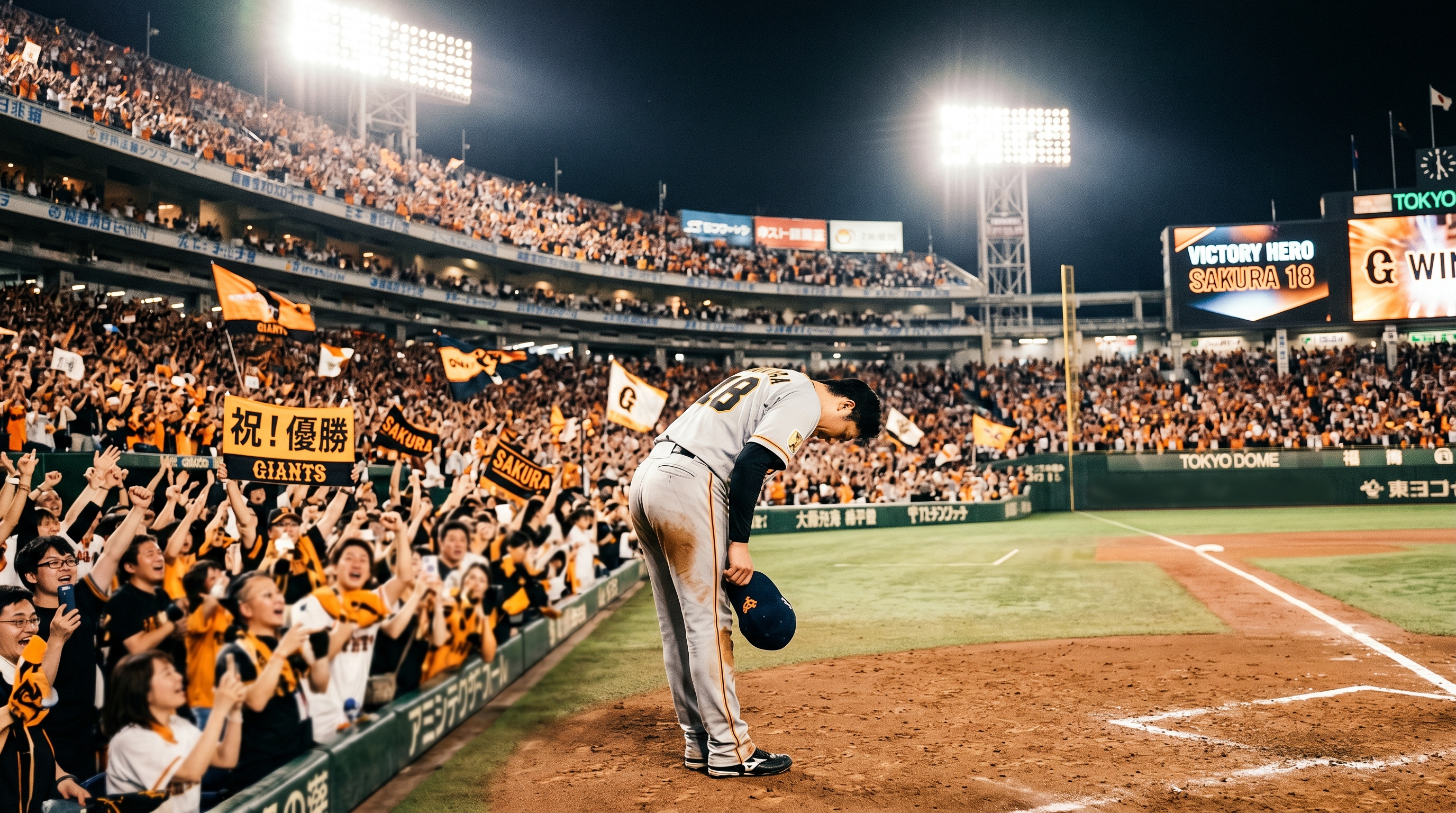 Japanese baseball player bowing humbly to crowd after home run