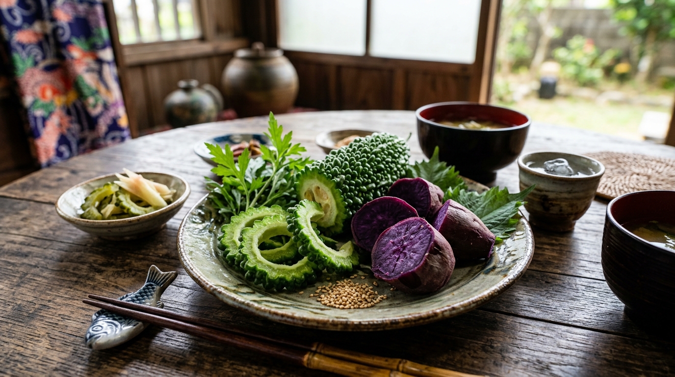 Okinawan goya bitter melon and purple sweet potato