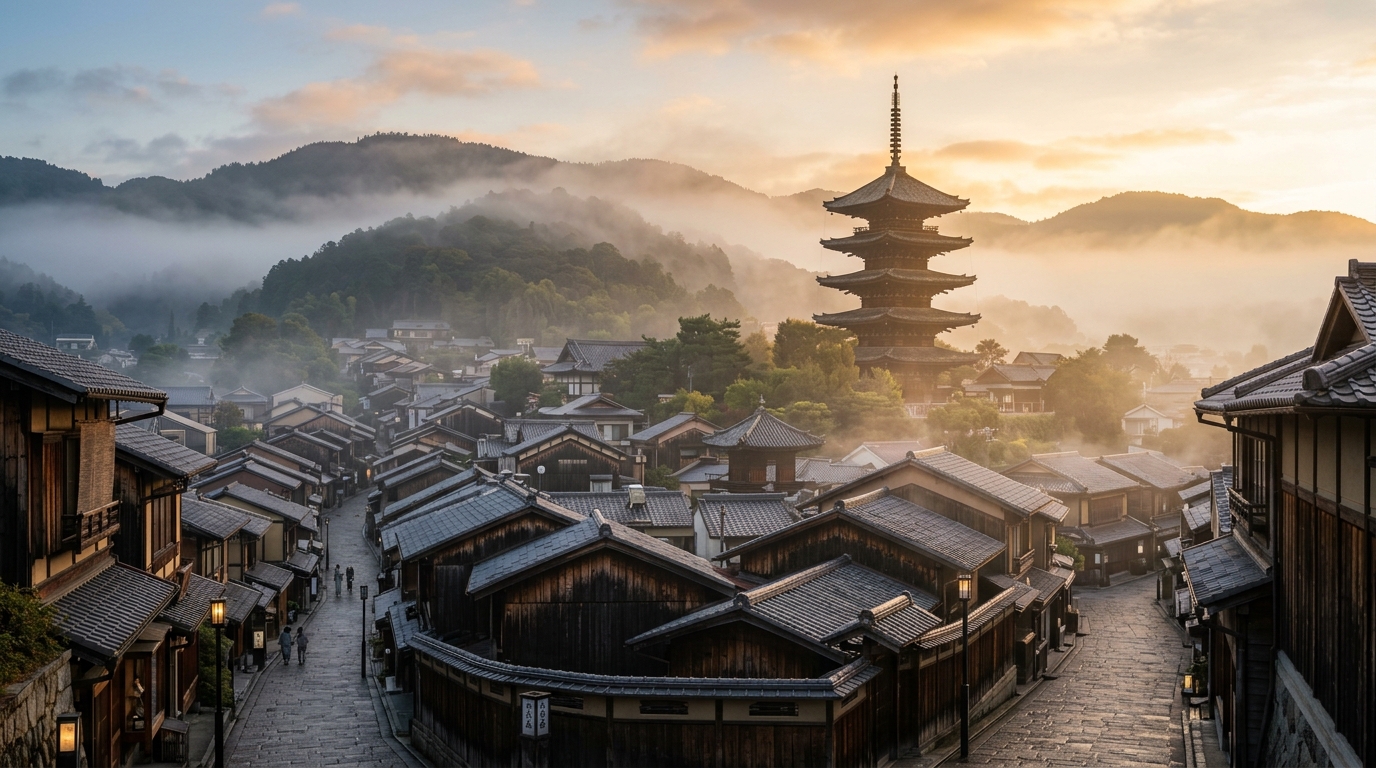 千年の都・京都の朝、東山の霧に浮かぶ八坂の塔