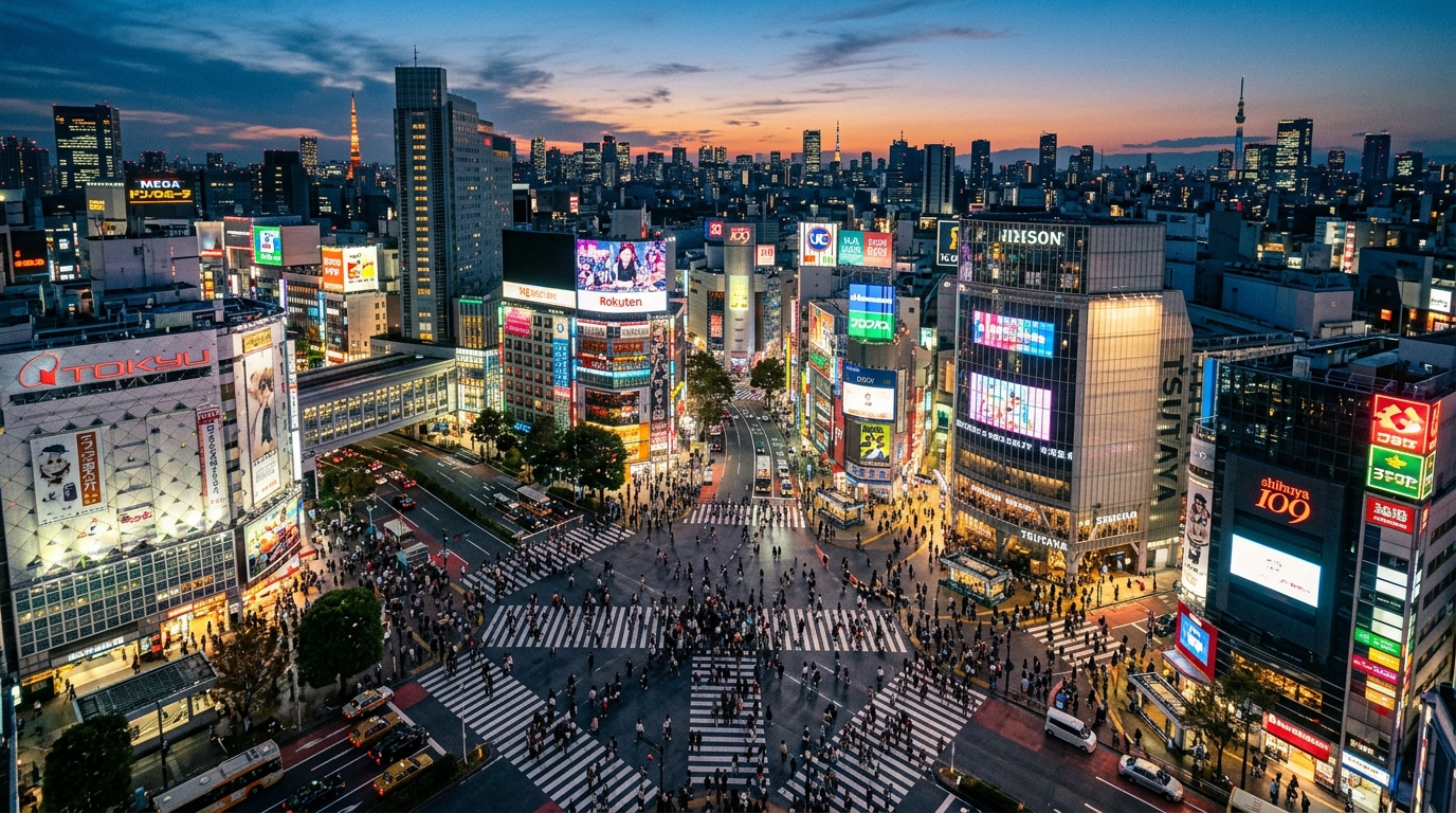 夕暮れの渋谷スクランブル交差点の空撮