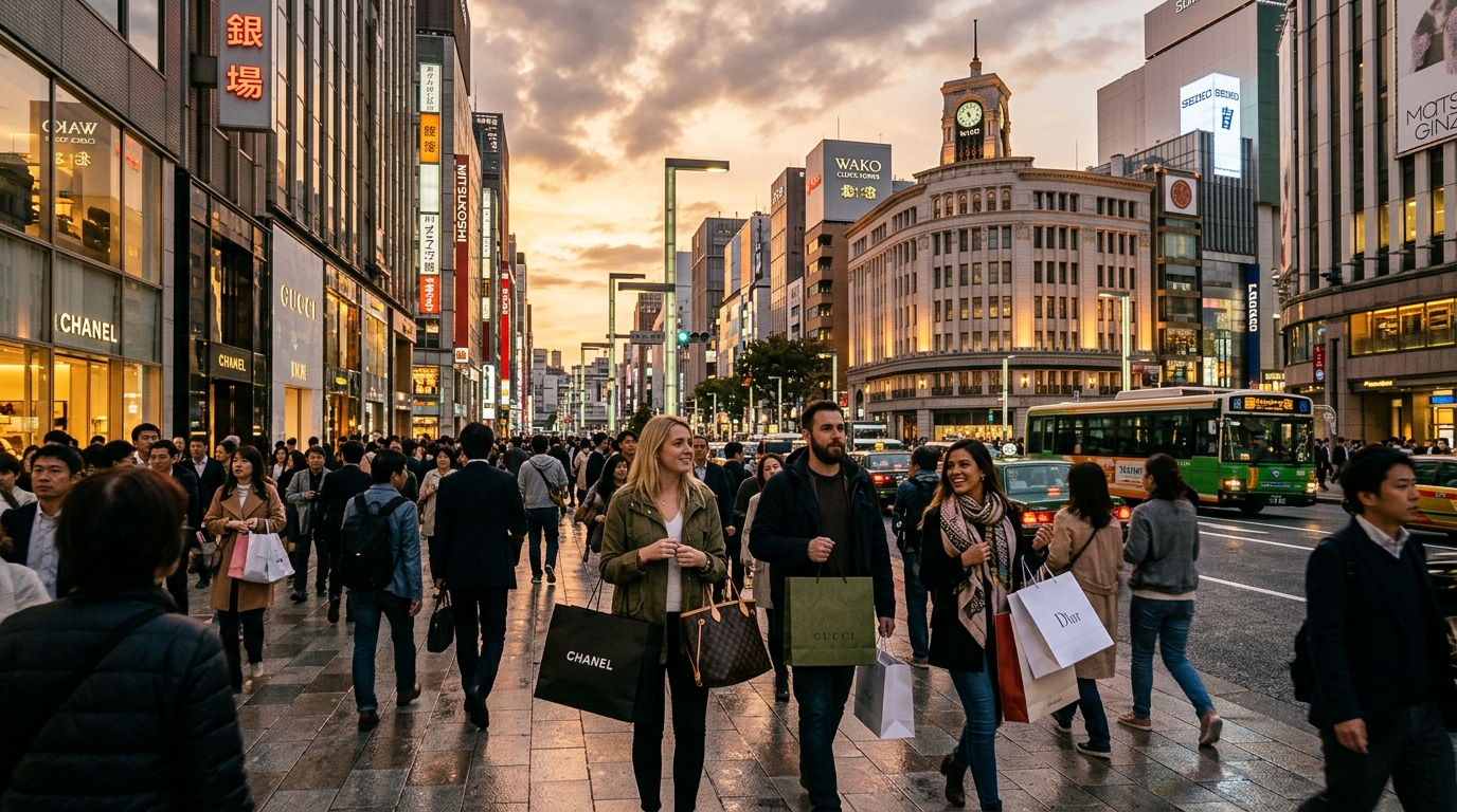 Foreign tourists shopping in Tokyo Ginza luxury district