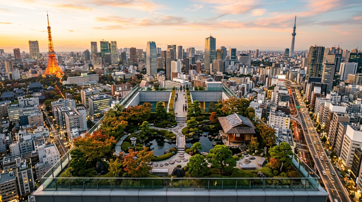中央東京の伝統植物がある秘密の屋上庭園