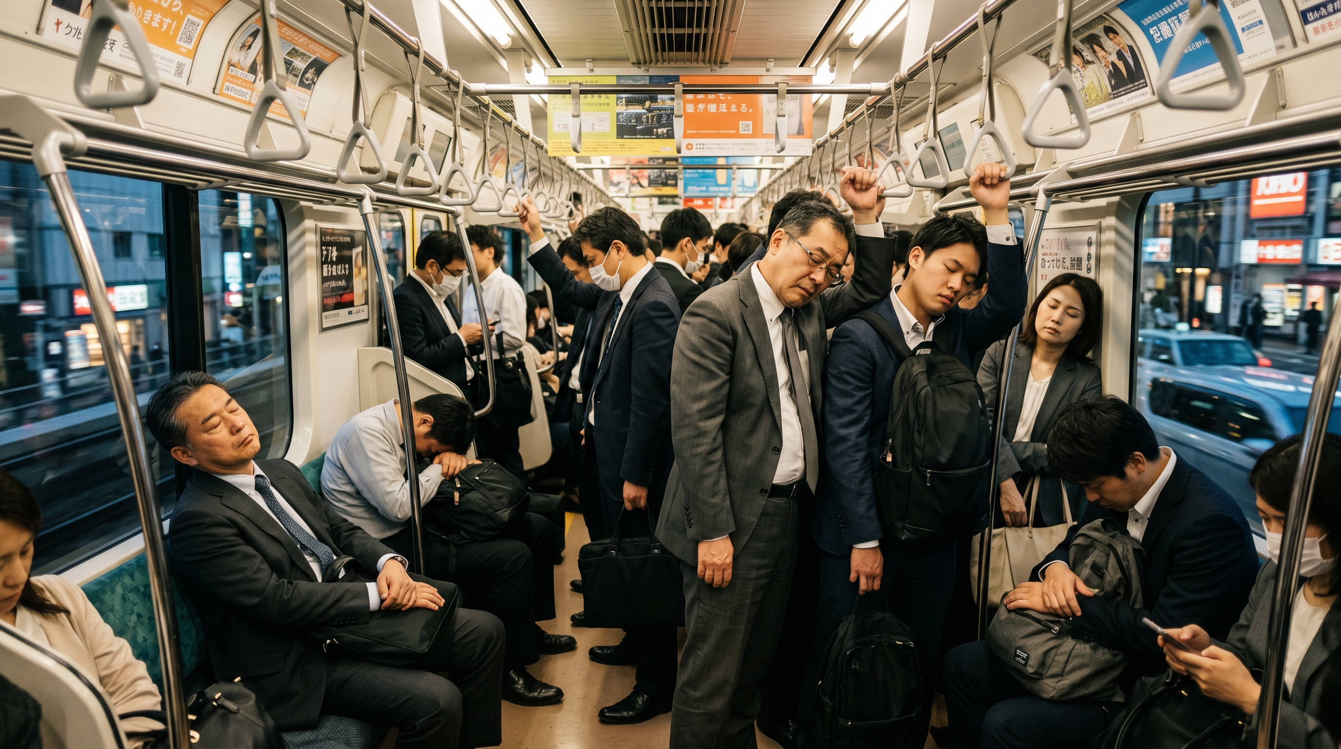 通勤電車で眠る疲れ切った日本のサラリーマン