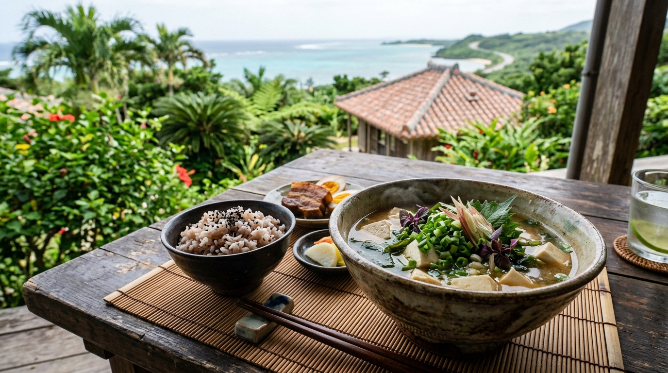 Okinawan tofu and miso soup with tropical herbs