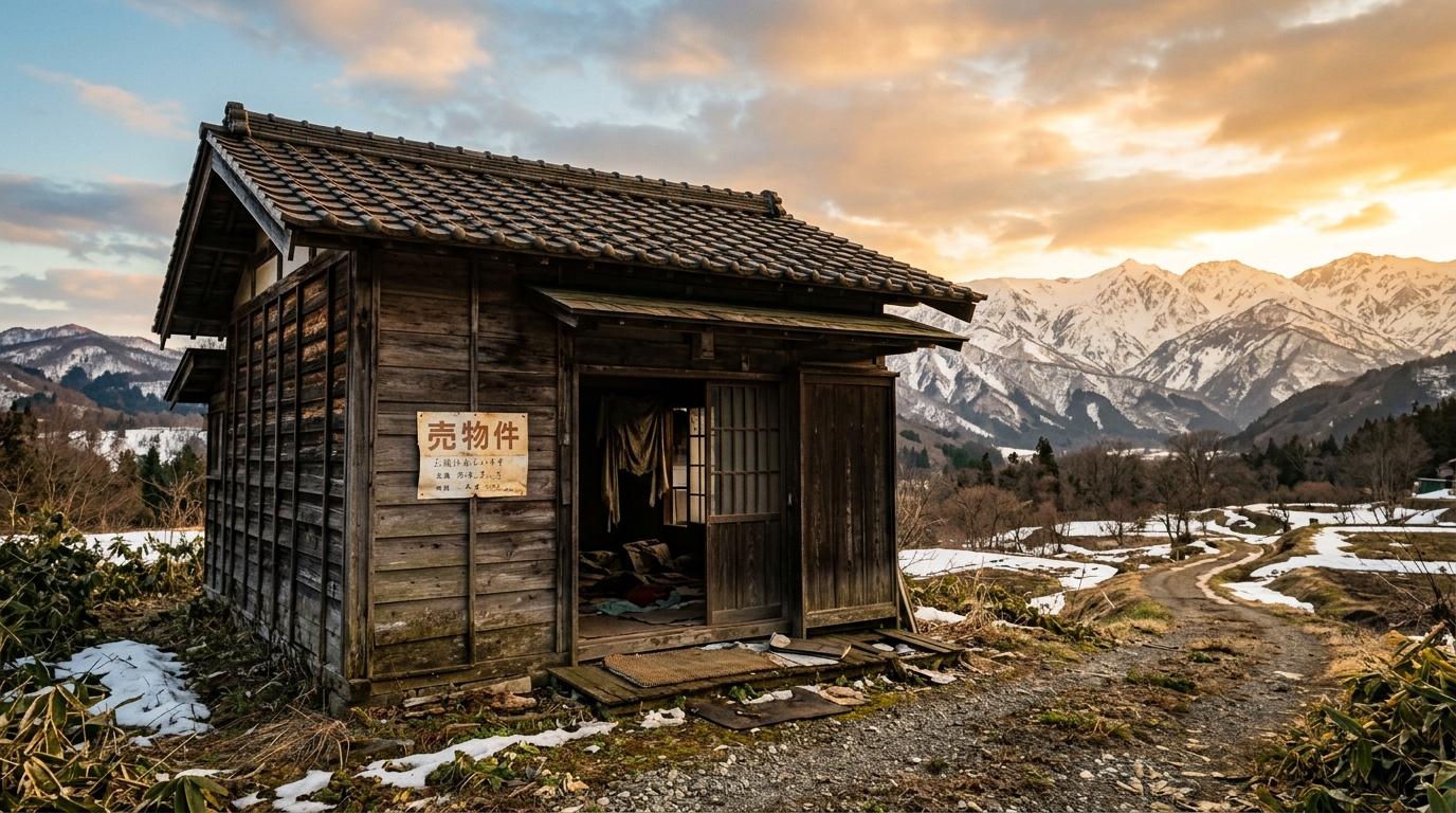 夕日と雪山を背景に佇む、伝統的な日本の木造家屋