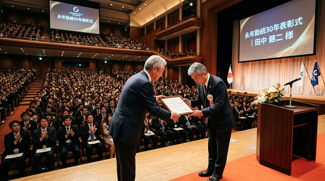 CEOから30年勤続表彰を受ける日本のサラリーマン