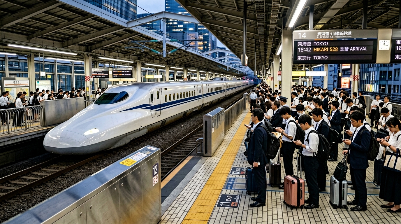 東京駅プラットフォームに正確に到着する新幹線