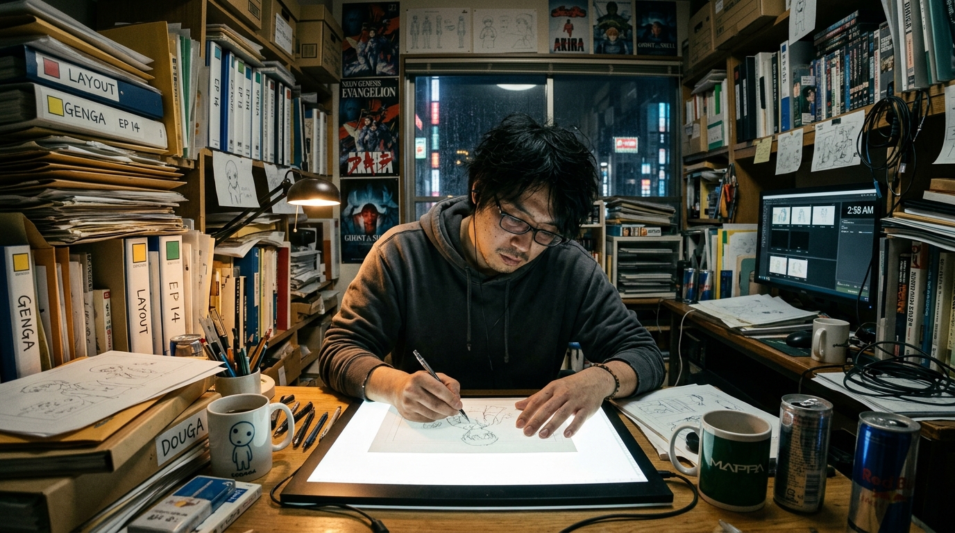 Stressed underpaid Japanese animator working late at night
