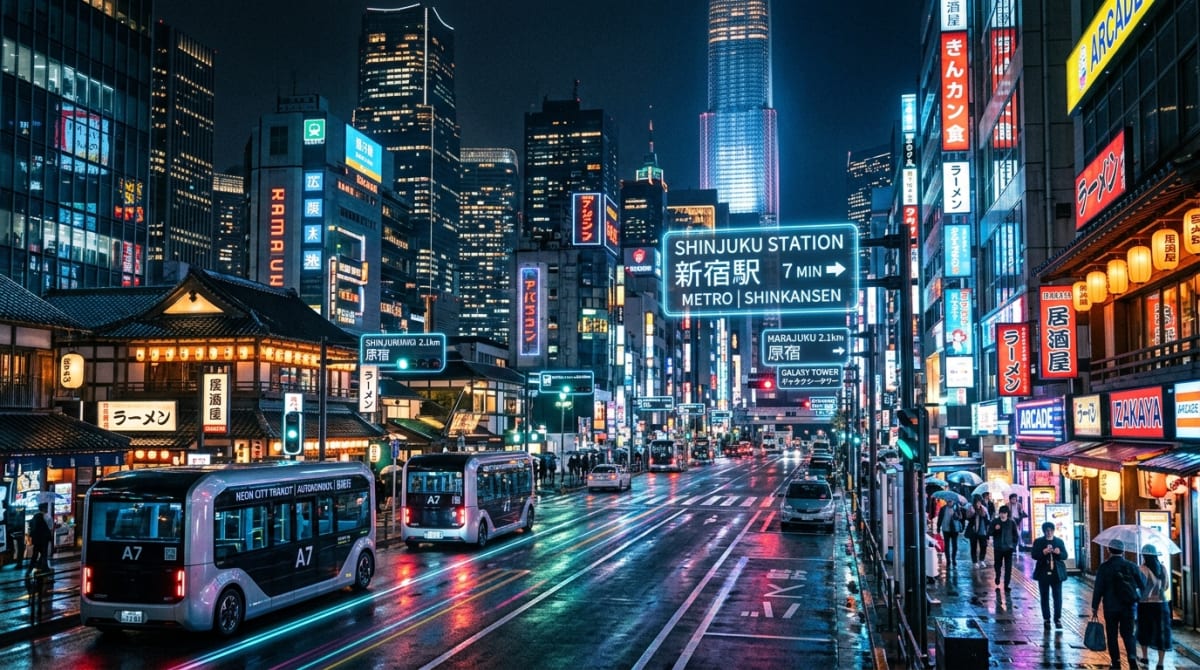 Futuristic smart transportation blending with a Japanese cityscape