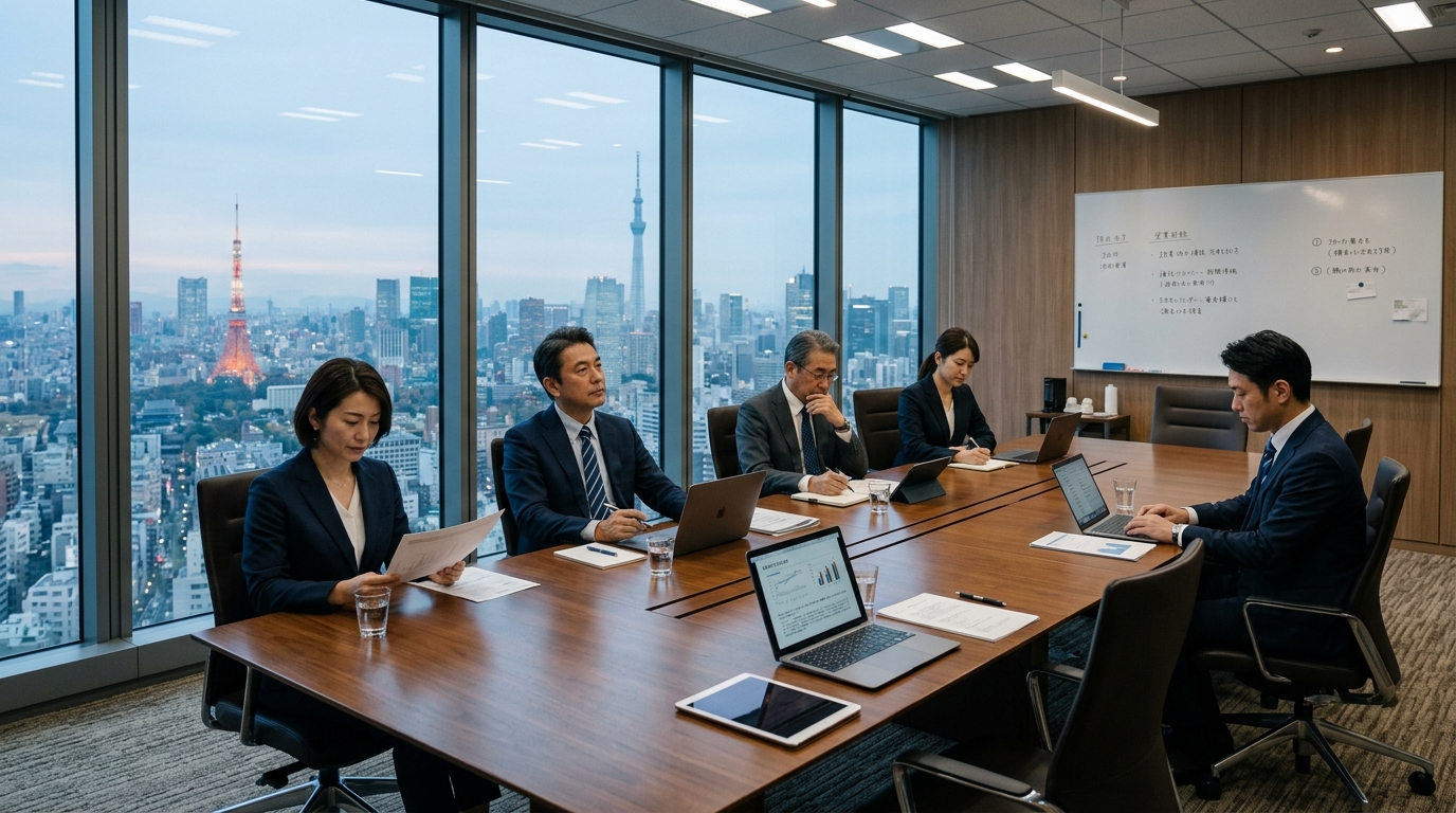 静かな会議室にいる日本のビジネスパーソンたち