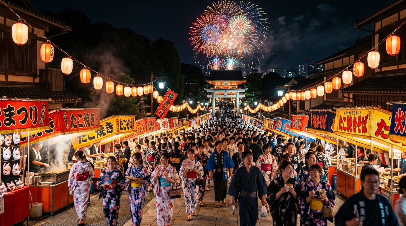 夏祭りの屋台と浴衣姿の人々で賑わう参道