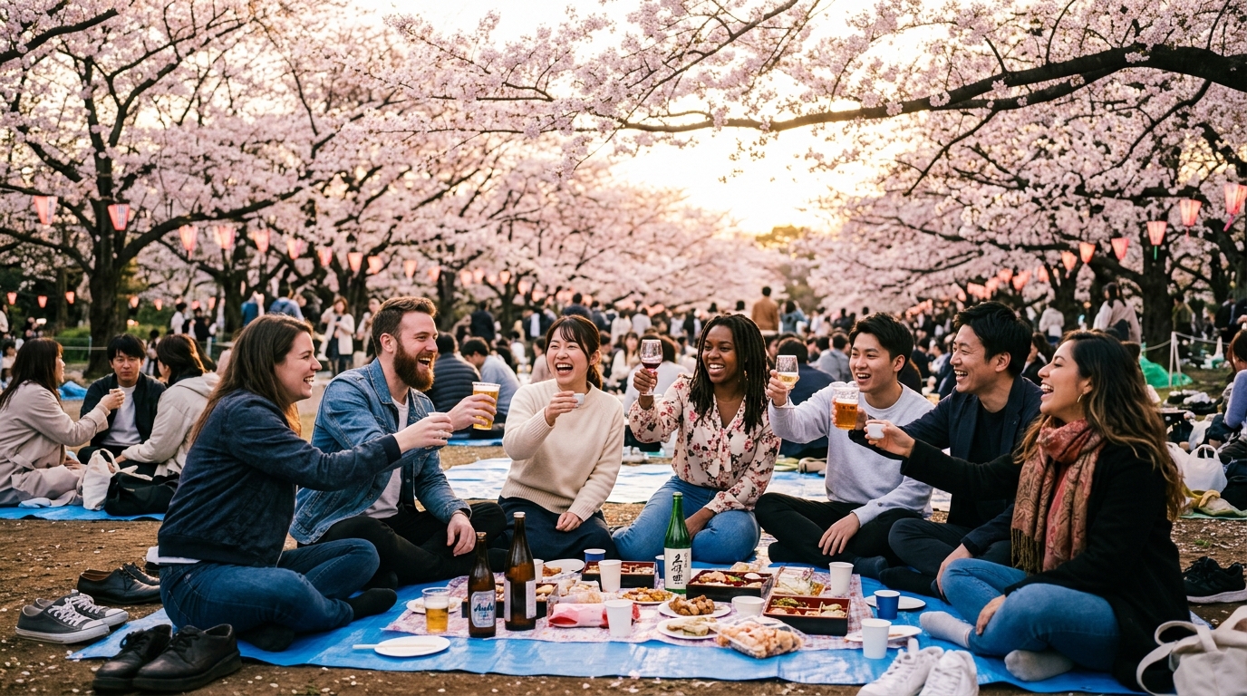 国際色豊かな仲間と過ごす花見——これが本物のおもてなし