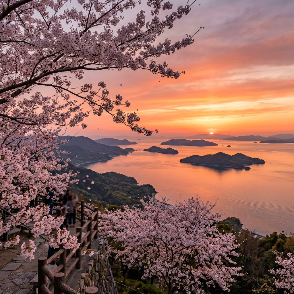 Panorama of Seto Inland Sea and cherry blossoms from Mount Shiude