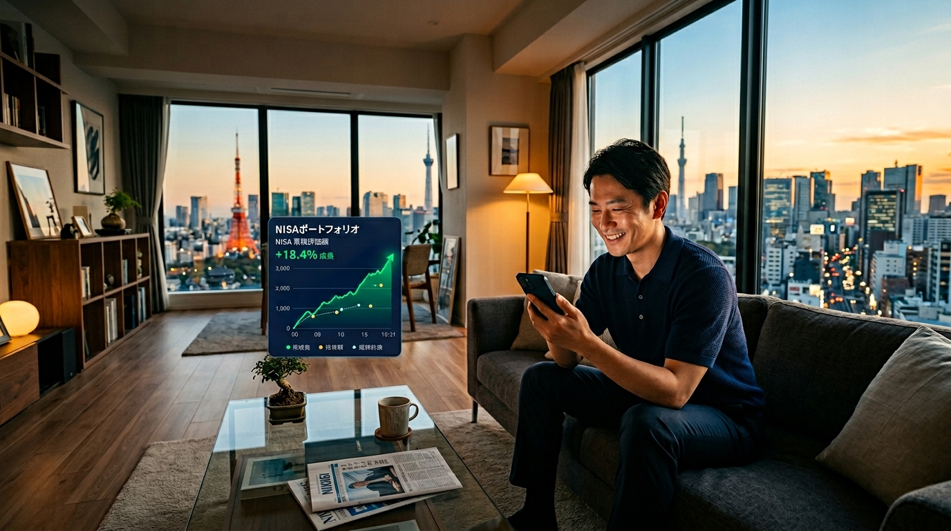 日本の投資家がスマートフォンでNISAポートフォリオをチェック