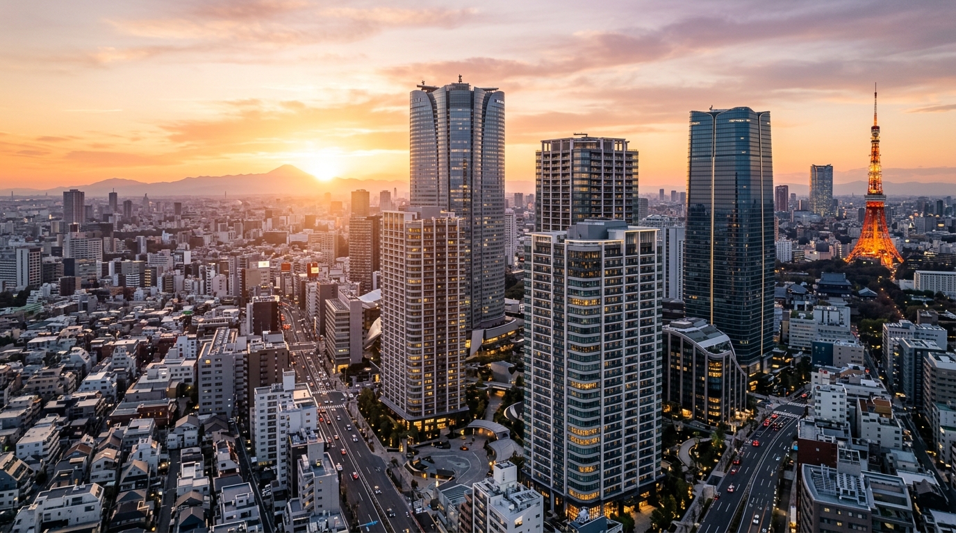 東京六本木の不動産投資ビル群を黄昏時に空撮