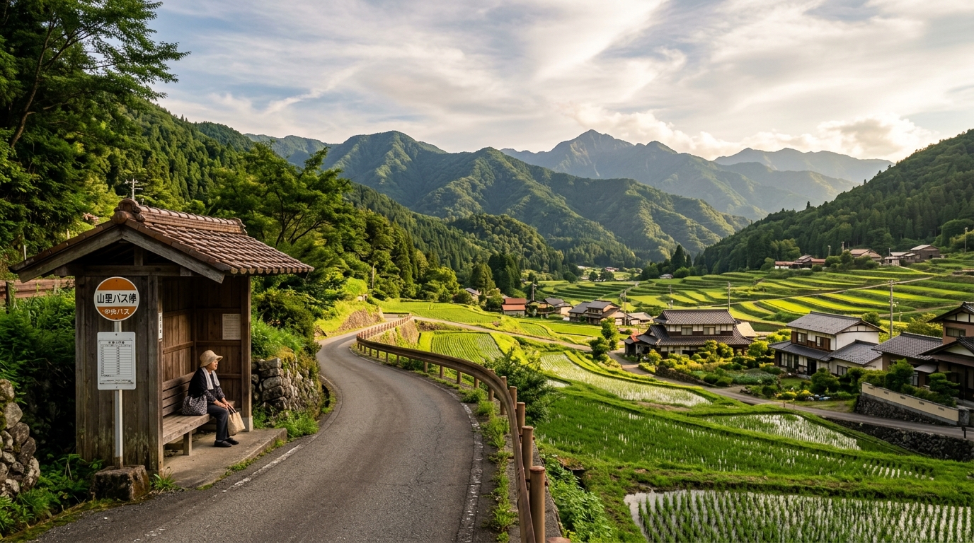 A local bus traveling through beautiful Japanese countryside