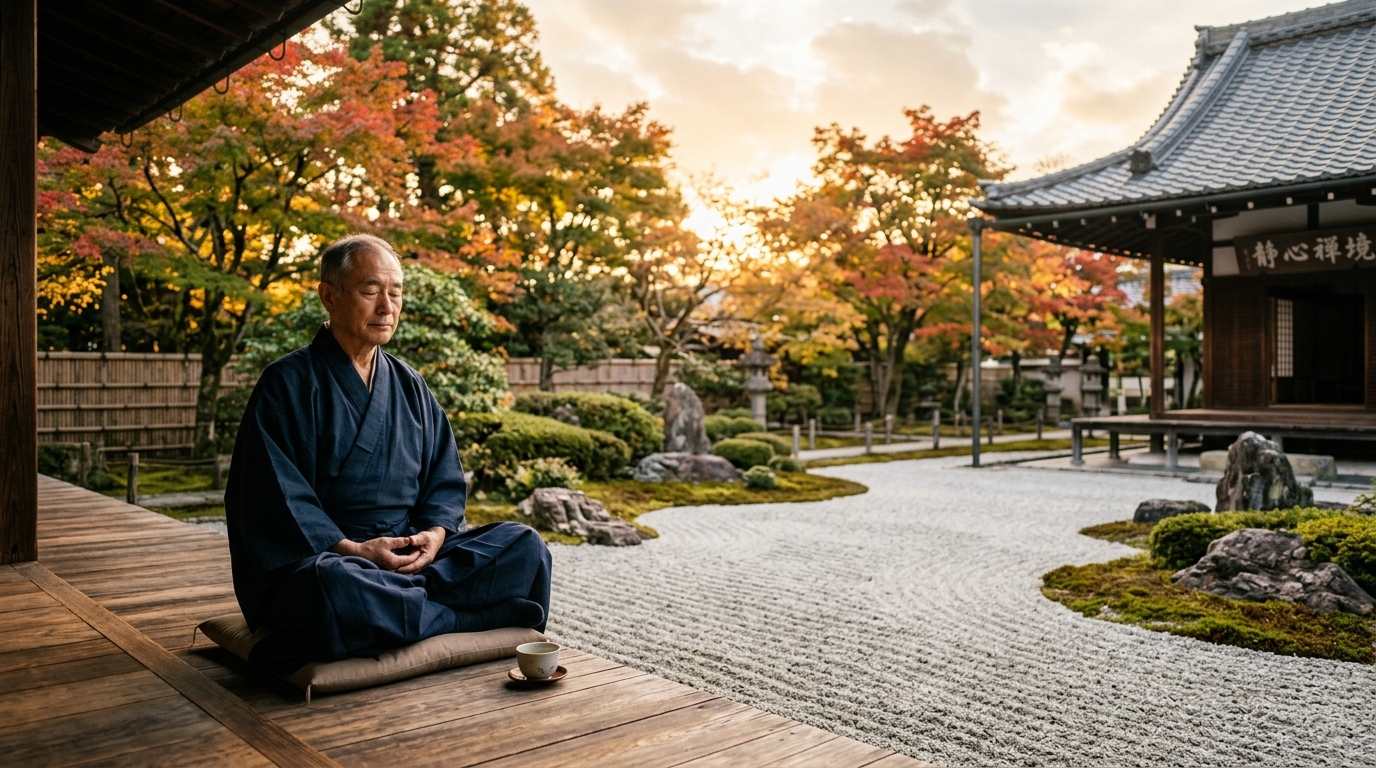 禅庭で平和な表情を浮かべる思索的な日本人