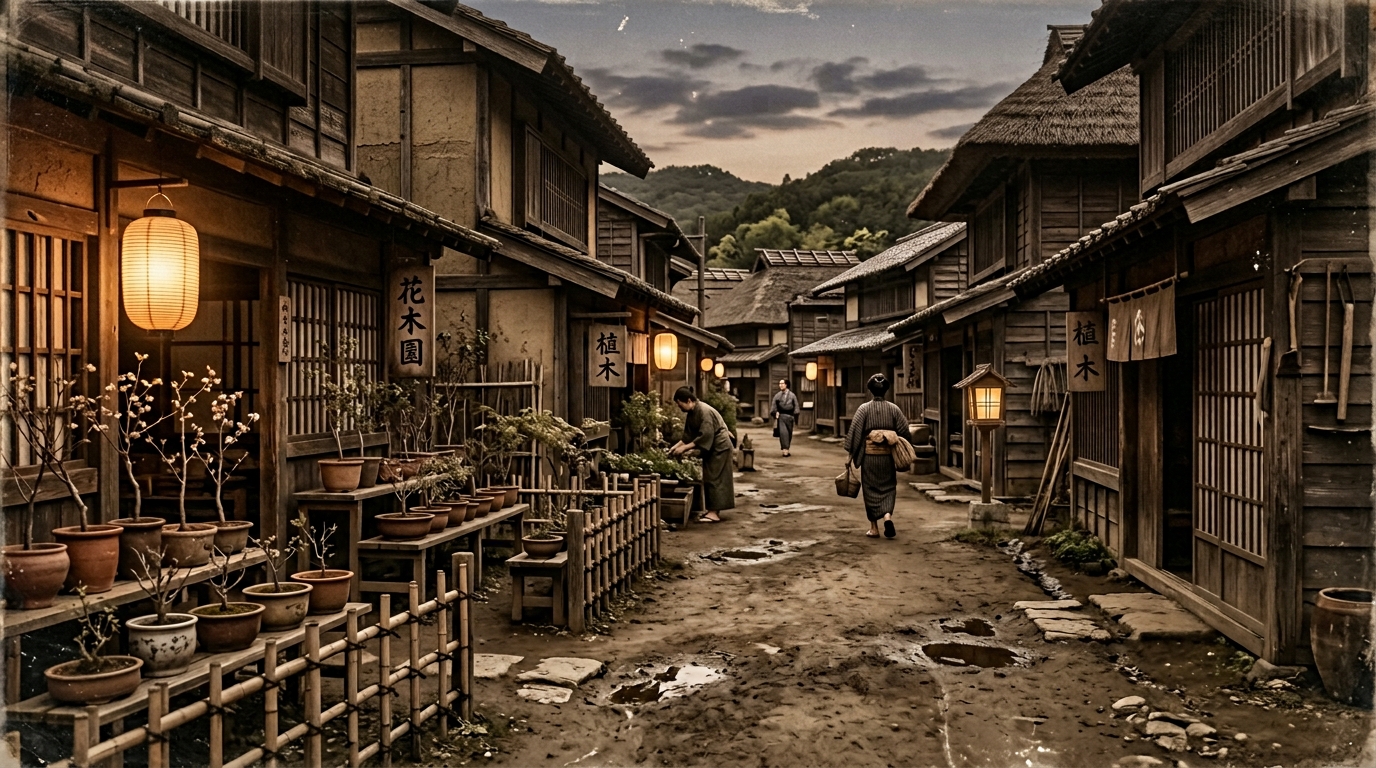 1850年代の江戸の植木屋村、苗木のある通り