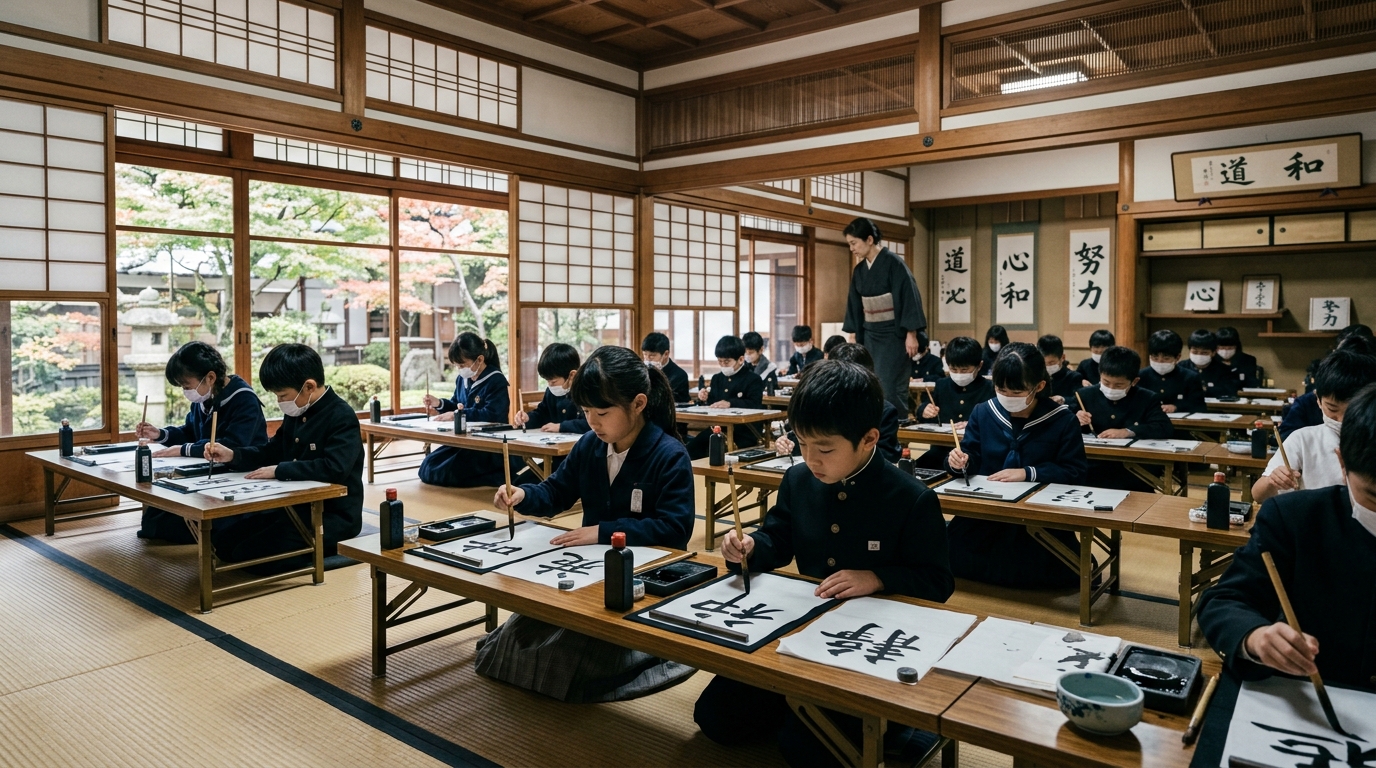 日本の子供たちが伝統的な書道を集中して練習する