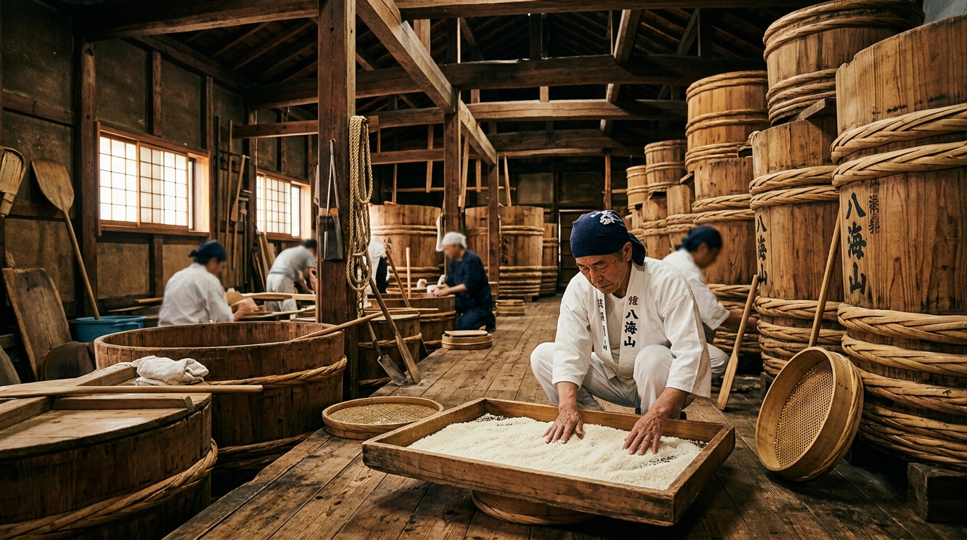 伝統的な日本の酒蔵で米を吟味する杜氏