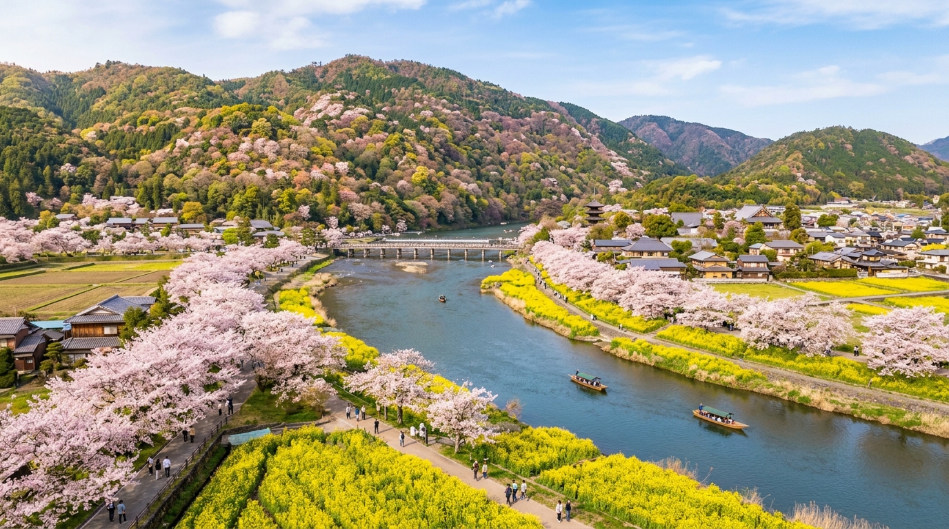 京都・嵐山の春分、桜と菜の花が共存する早春の里山風景