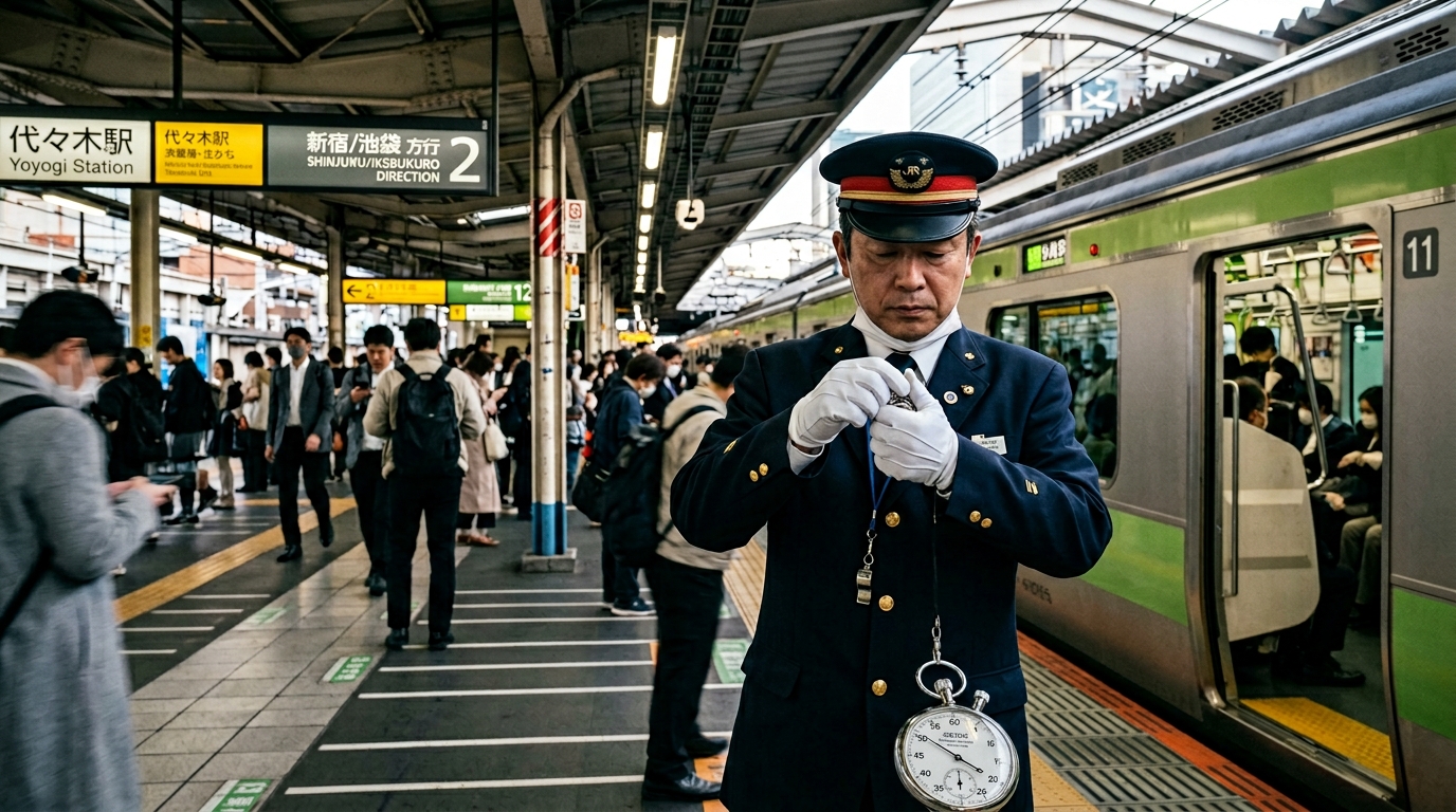 ストップウォッチで正確に時間を測る車掌
