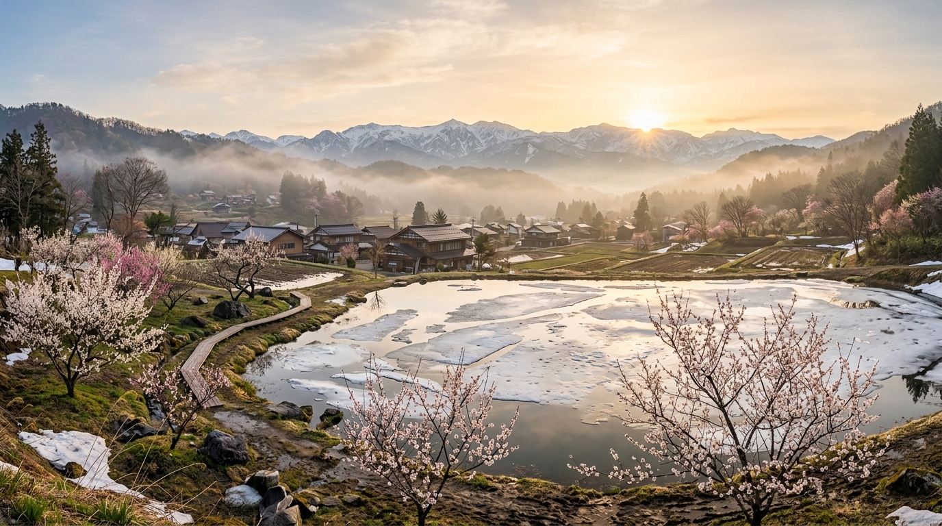 春の雪解け——東風解凍の候、凍った池のほとりで芽吹き始める梅の花