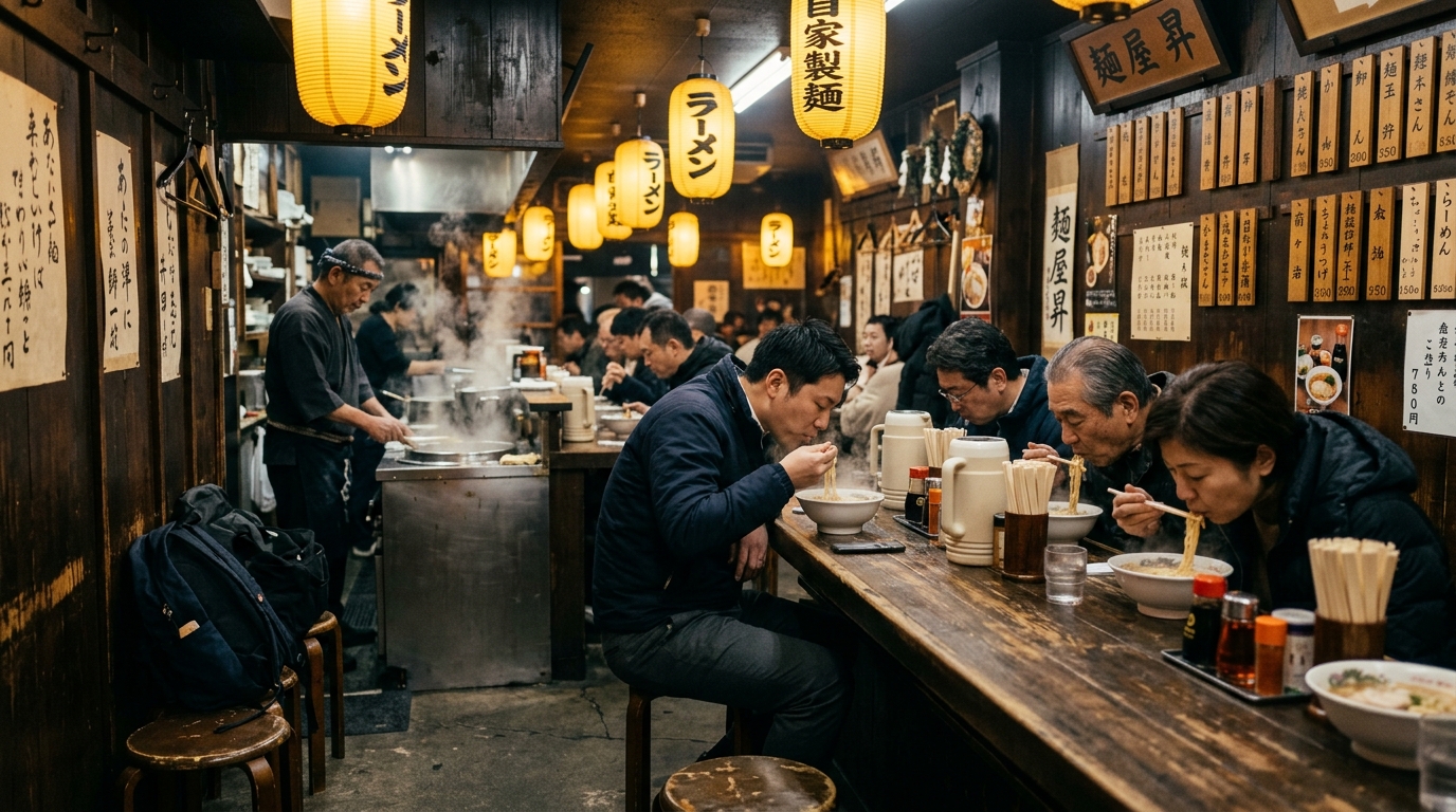 カウンターで一人で食べる人々がいる東京のラーメン店