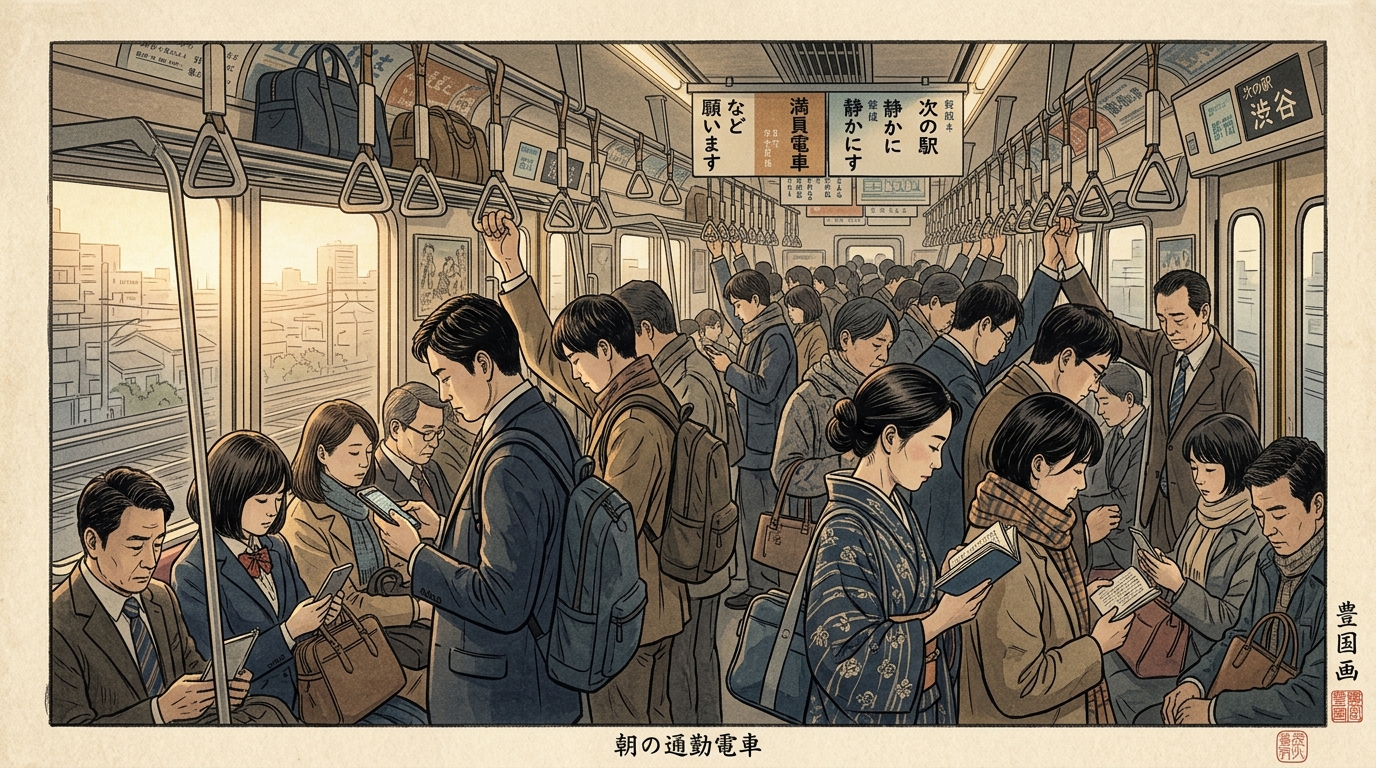 浮世絵風、空港の到着ロビーでスーツケースを持つ日本人が、人混みを見つめている、柔らかな朝日、微かな戸惑いの表情