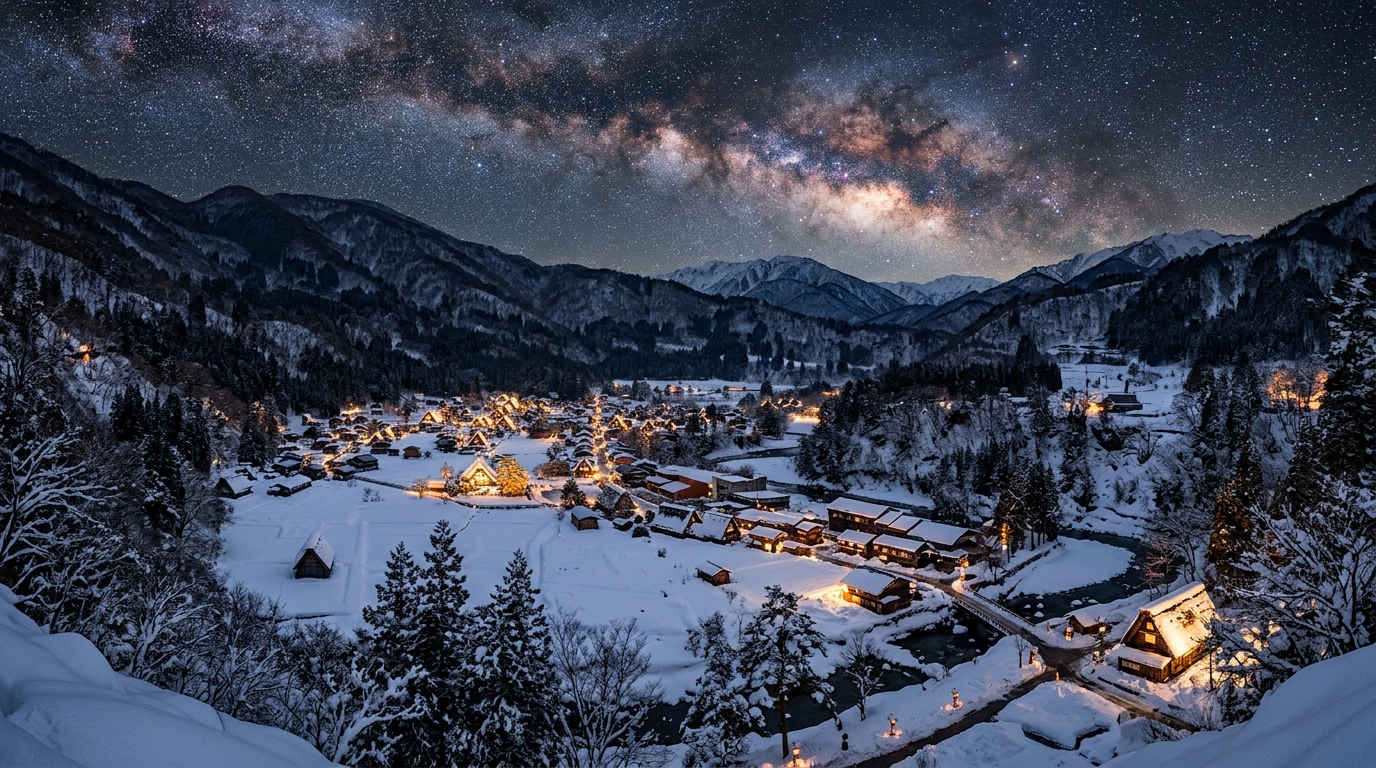 冬至の白川郷、雪に包まれた合掌造り集落と満点の星空