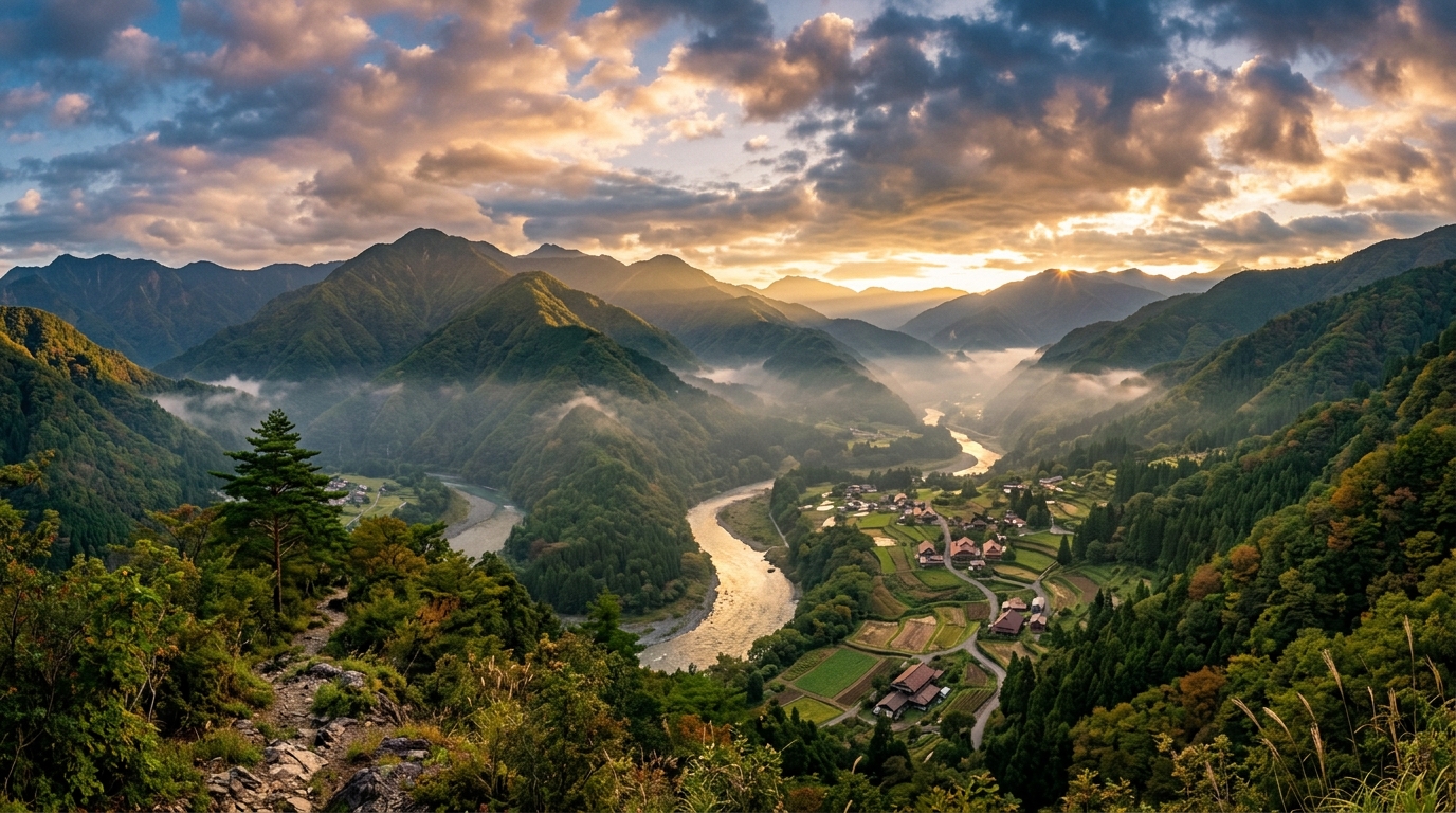 深い谷と川がある静岡県の山岳風景