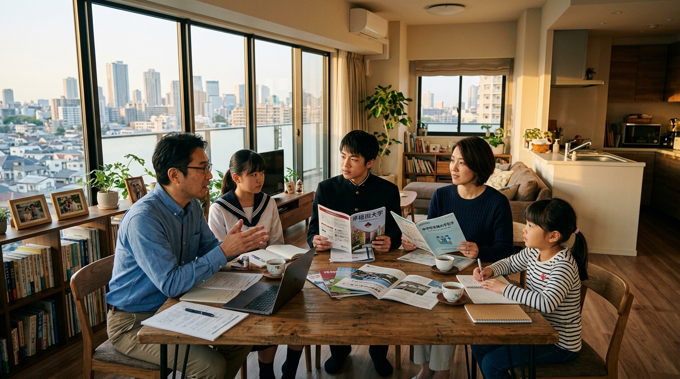 日本の家族が子供の教育選択について話し合う