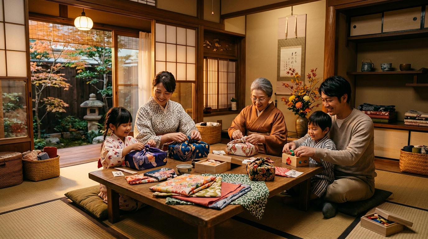 ふろしきを使う日本の家族