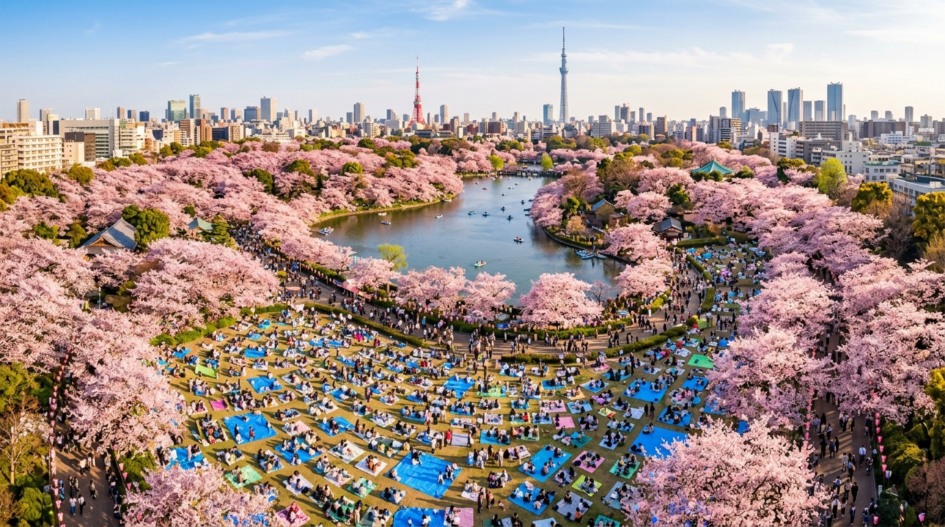 ソメイヨシノに覆われた東京の公園と花見客の俯瞰映像