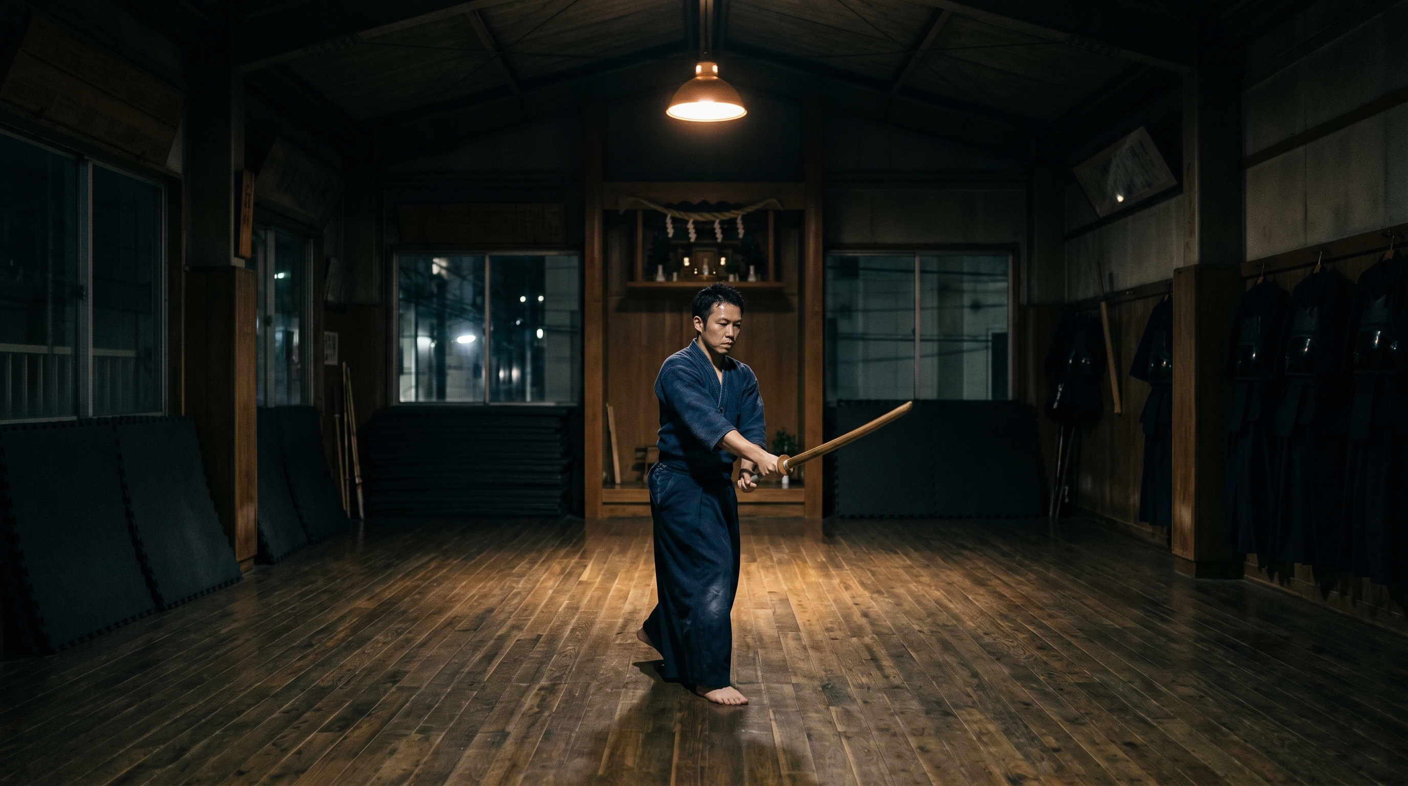 Dedicated Japanese athlete practicing alone late at night